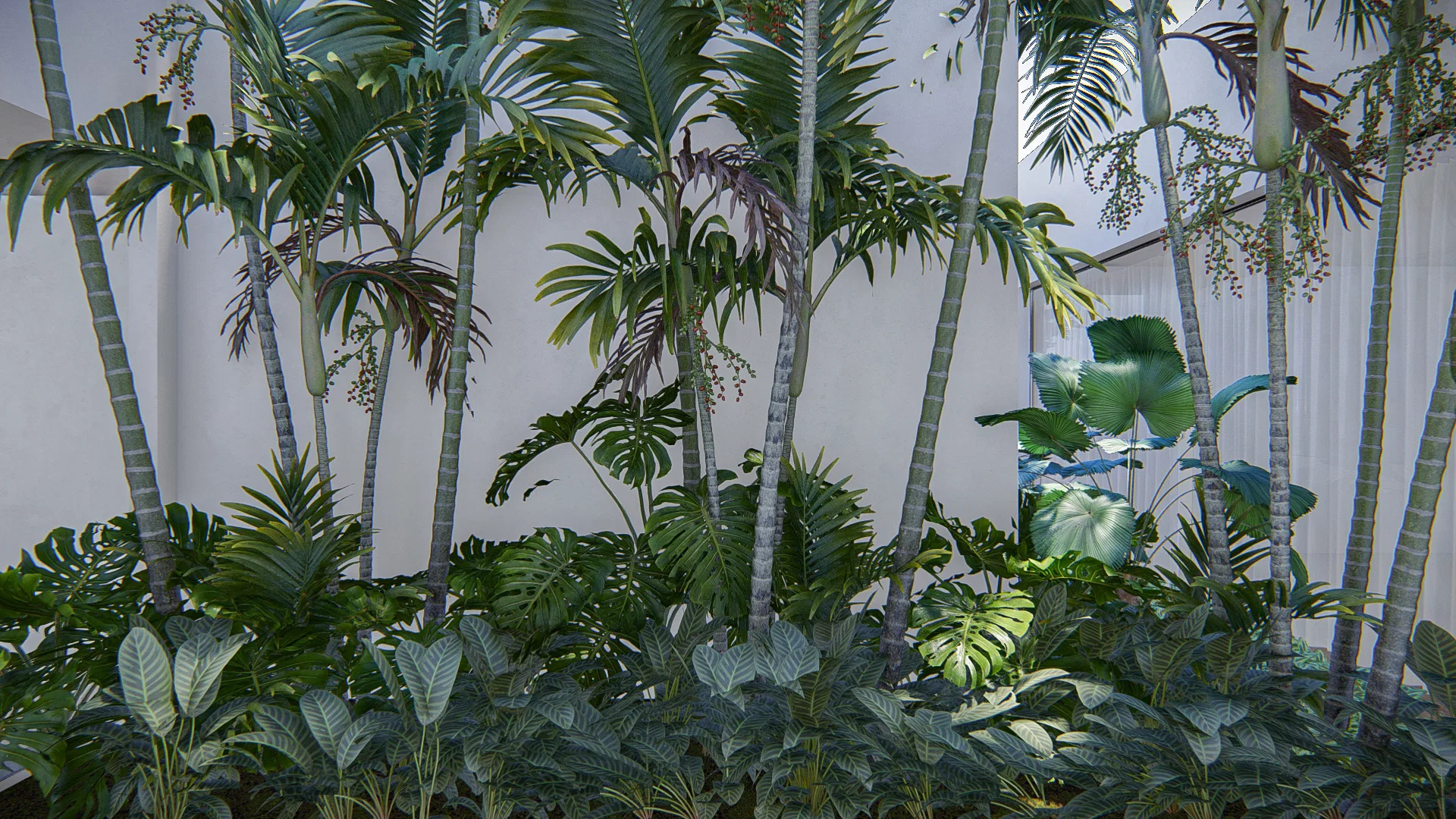 Jardim tropical denso com palmeiras multicaule, monsteras e grandes folhas de sombra alinhadas contra um muro branco