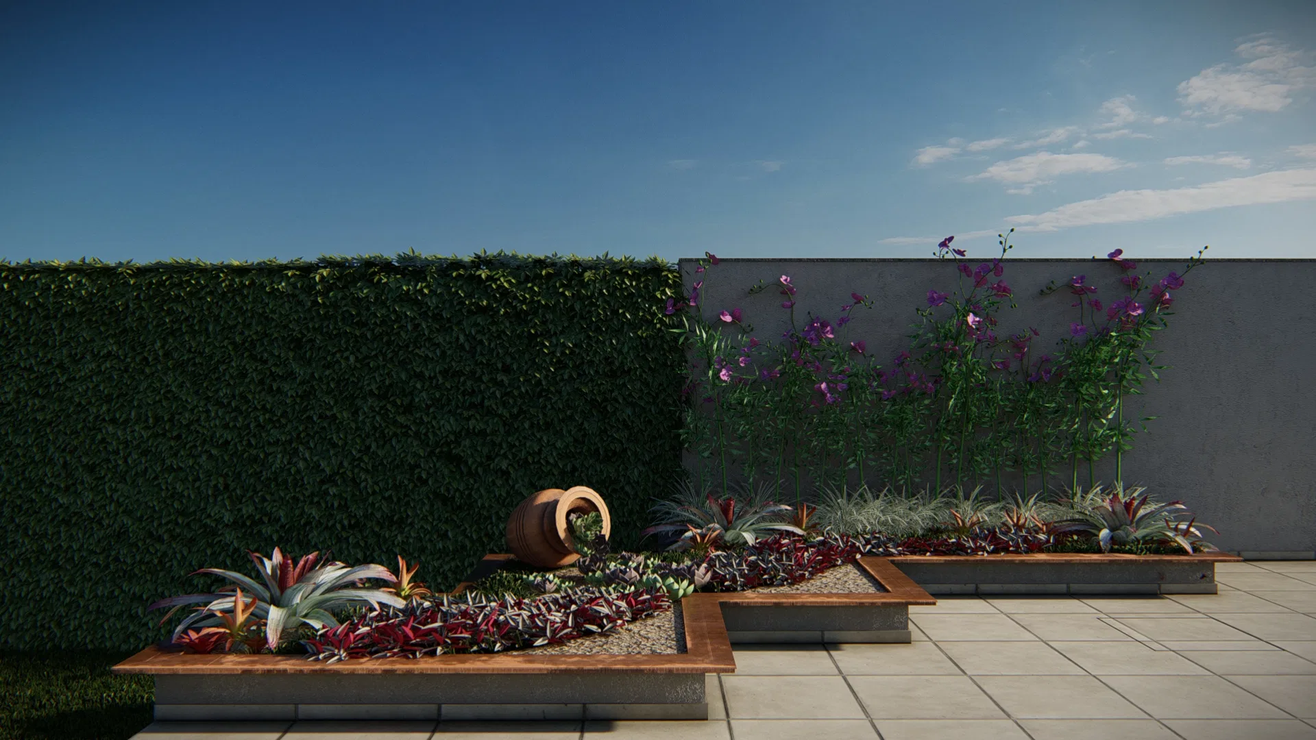 Mesmo terraço com trepadeiras de flores roxas subindo pelo muro claro à direita, diante dos canteiros de bromélias e forrações avermelhadas