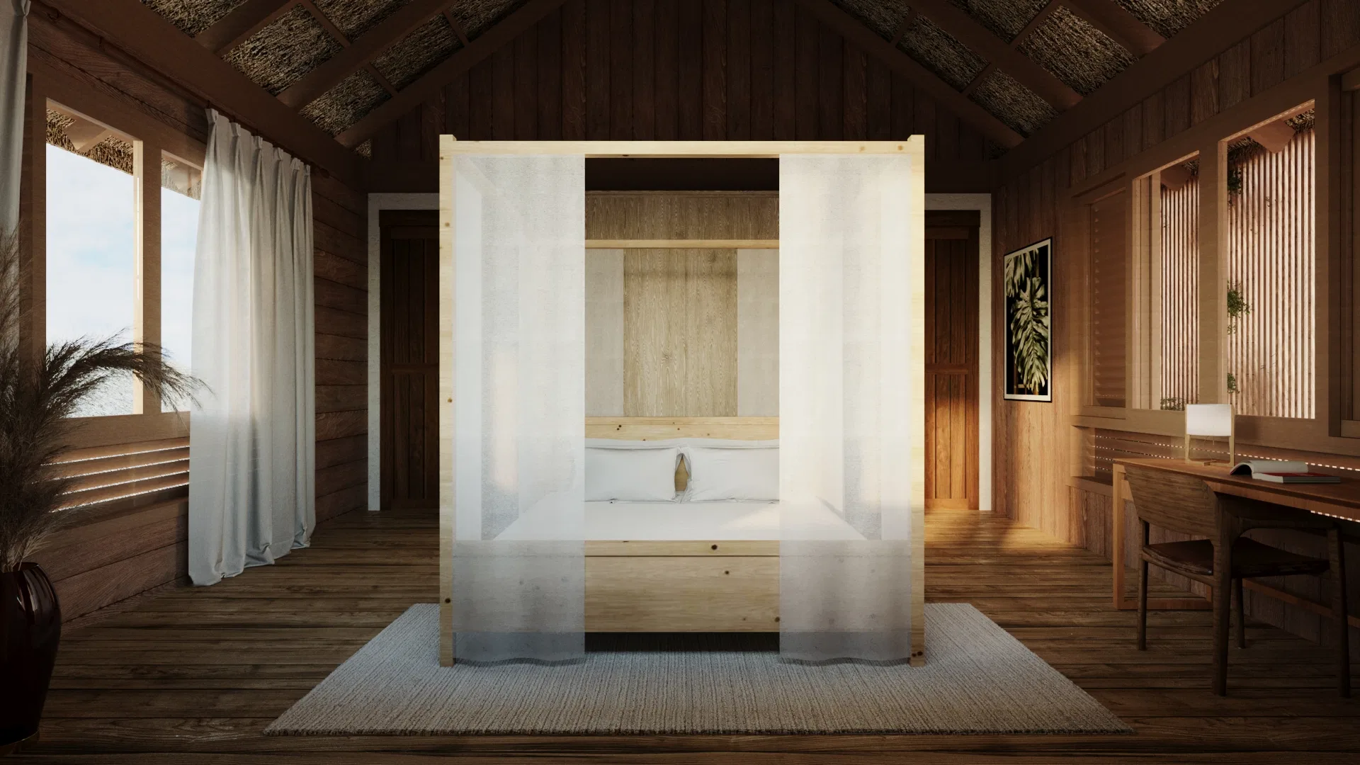 Quarto revestido em madeira com cama de dossel e cortinas de voil, tapete de fibra, escrivaninha e teto de duas águas