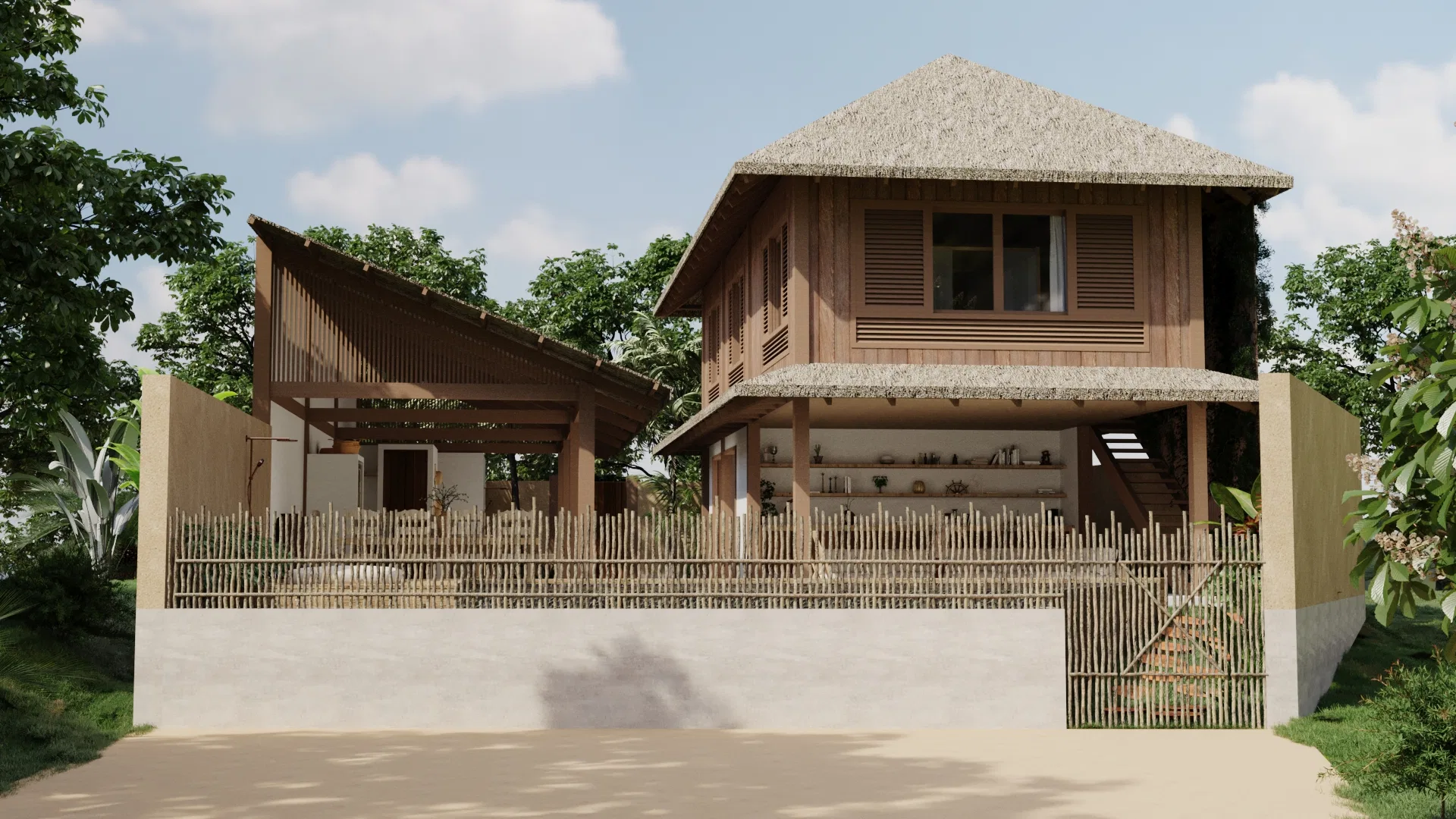 Fachada frontal do bangalô de dois pavimentos com telhado de palha, pavilhão aberto ao lado e cerca de bambu diante do muro