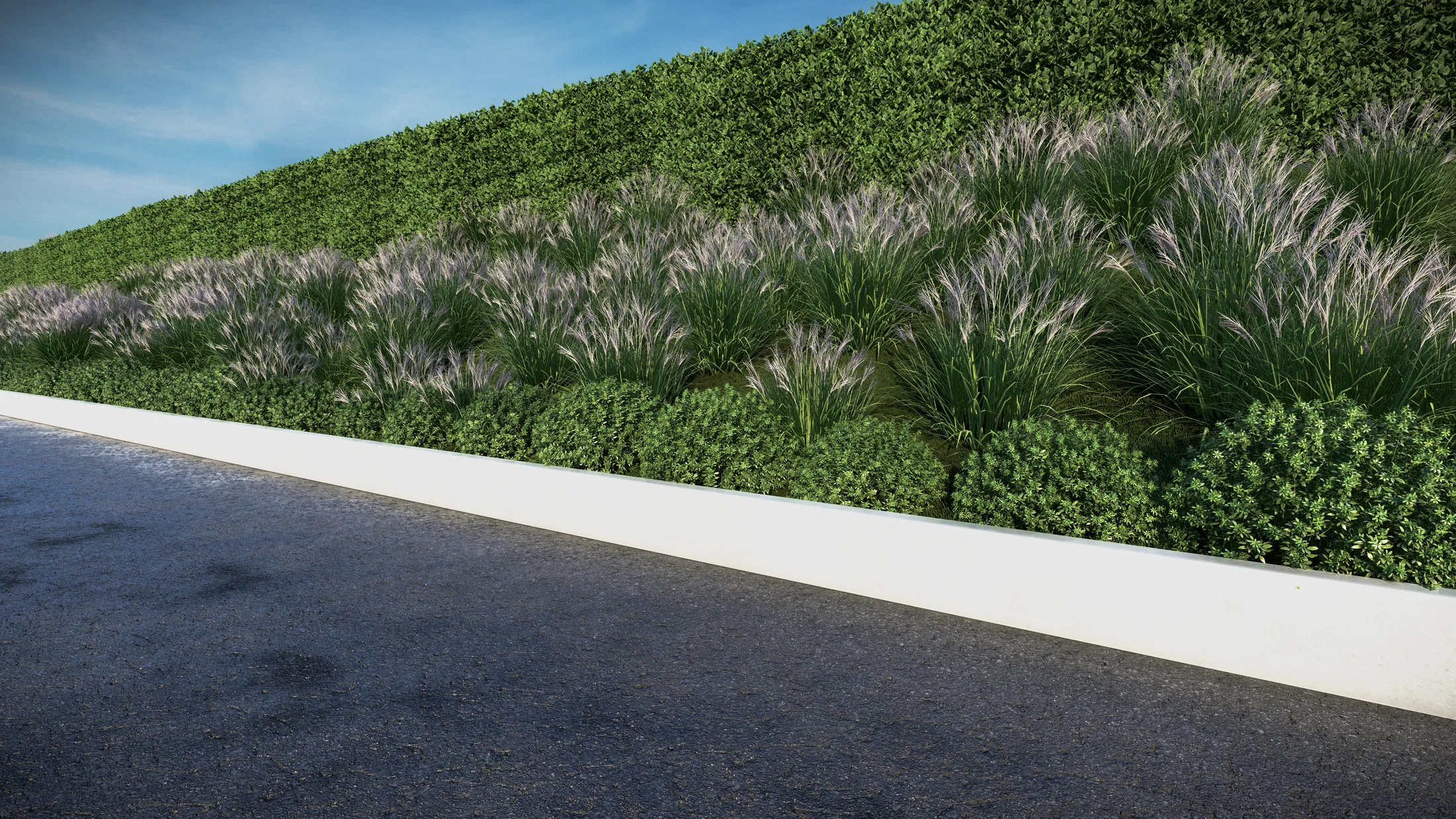 Detalhe de paisagismo em talude: sebe verde no topo, gramíneas ornamentais ao centro e arbustos arredondados junto ao meio-fio, à beira da via