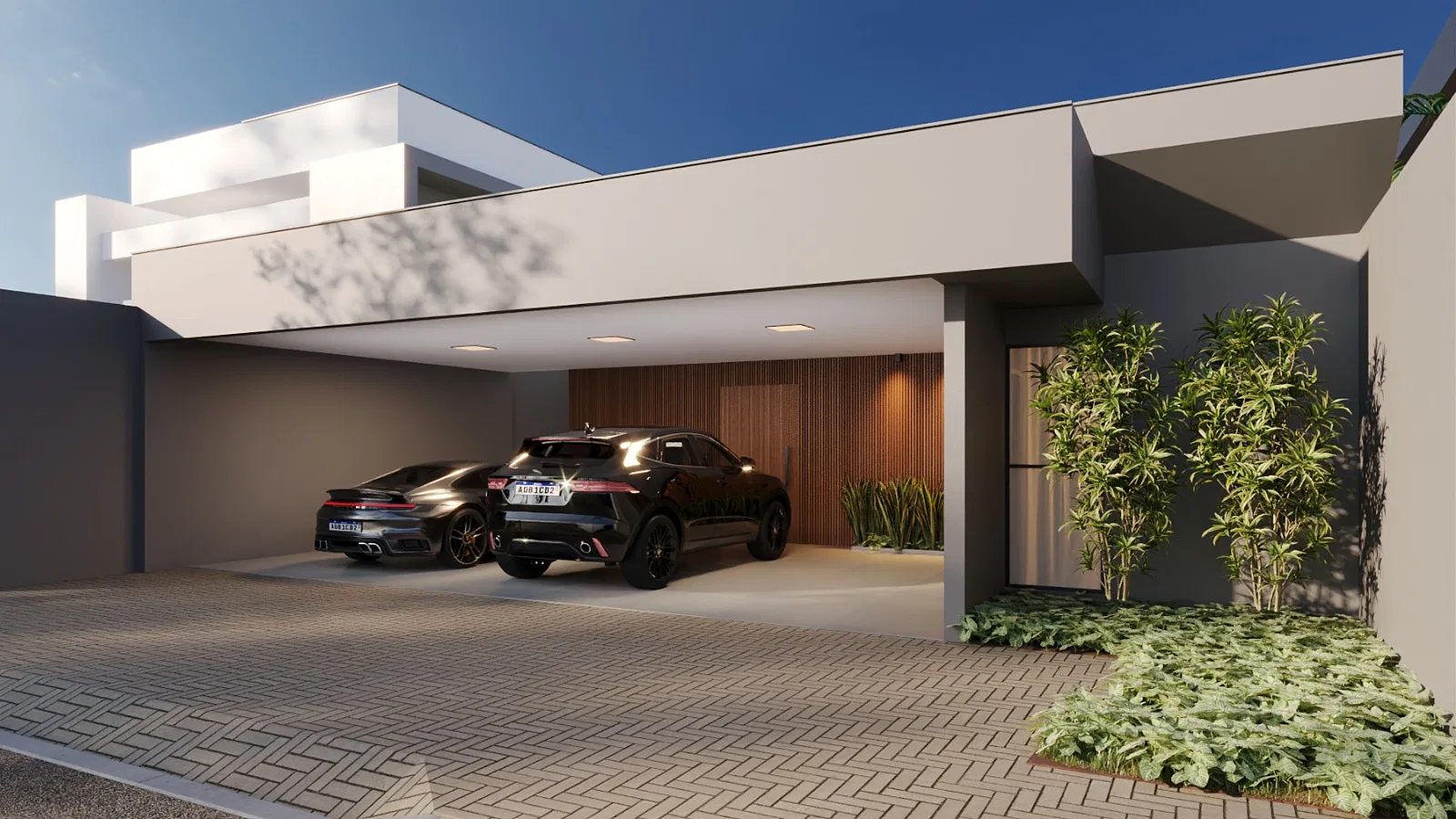 Garagem em close noturno, com dois carros esportivos sob luz quente e o painel de madeira ripada realçado contra o céu escuro