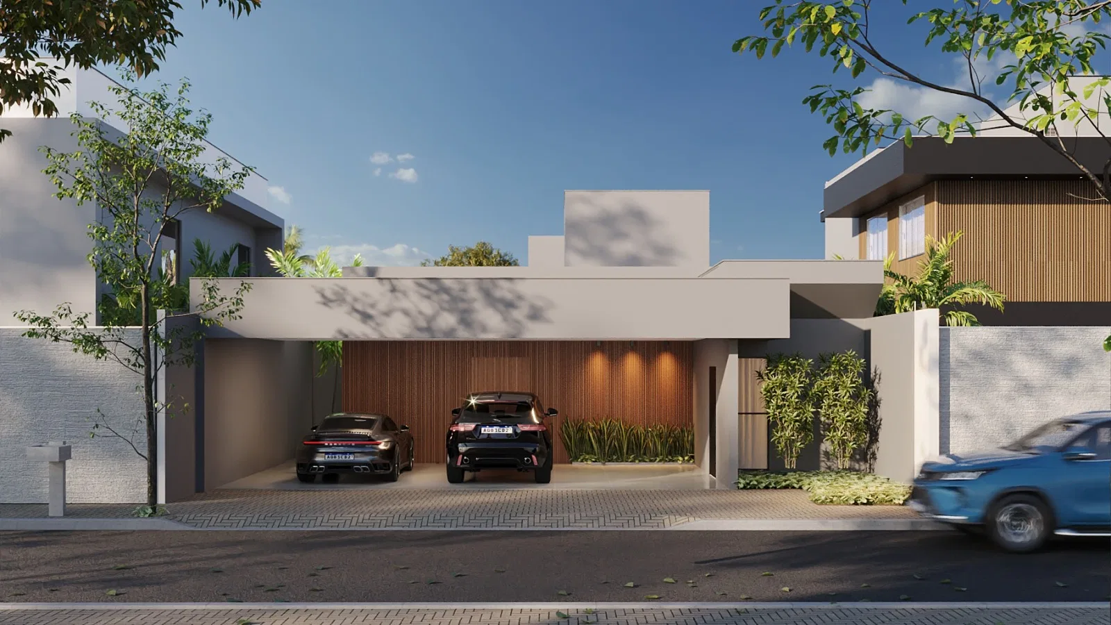 Fachada moderna vista da rua, com garagem para dois carros ao fundo em madeira ripada e um segundo volume revestido de madeira acima