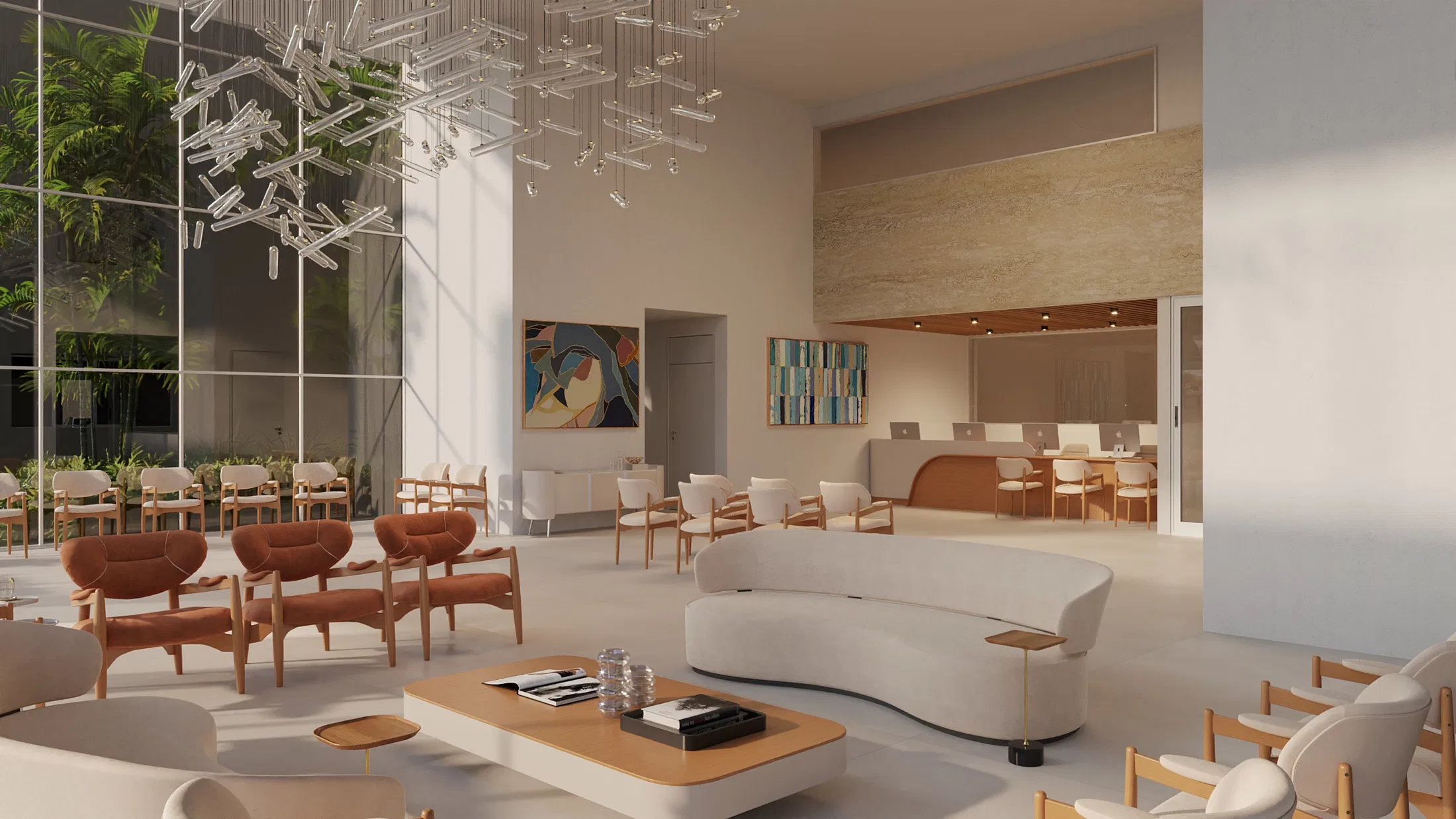 Lounge de espera amplo com lustre ramificado, poltronas de couro caramelo, sofá curvo creme e mesa baixa sobre piso claro