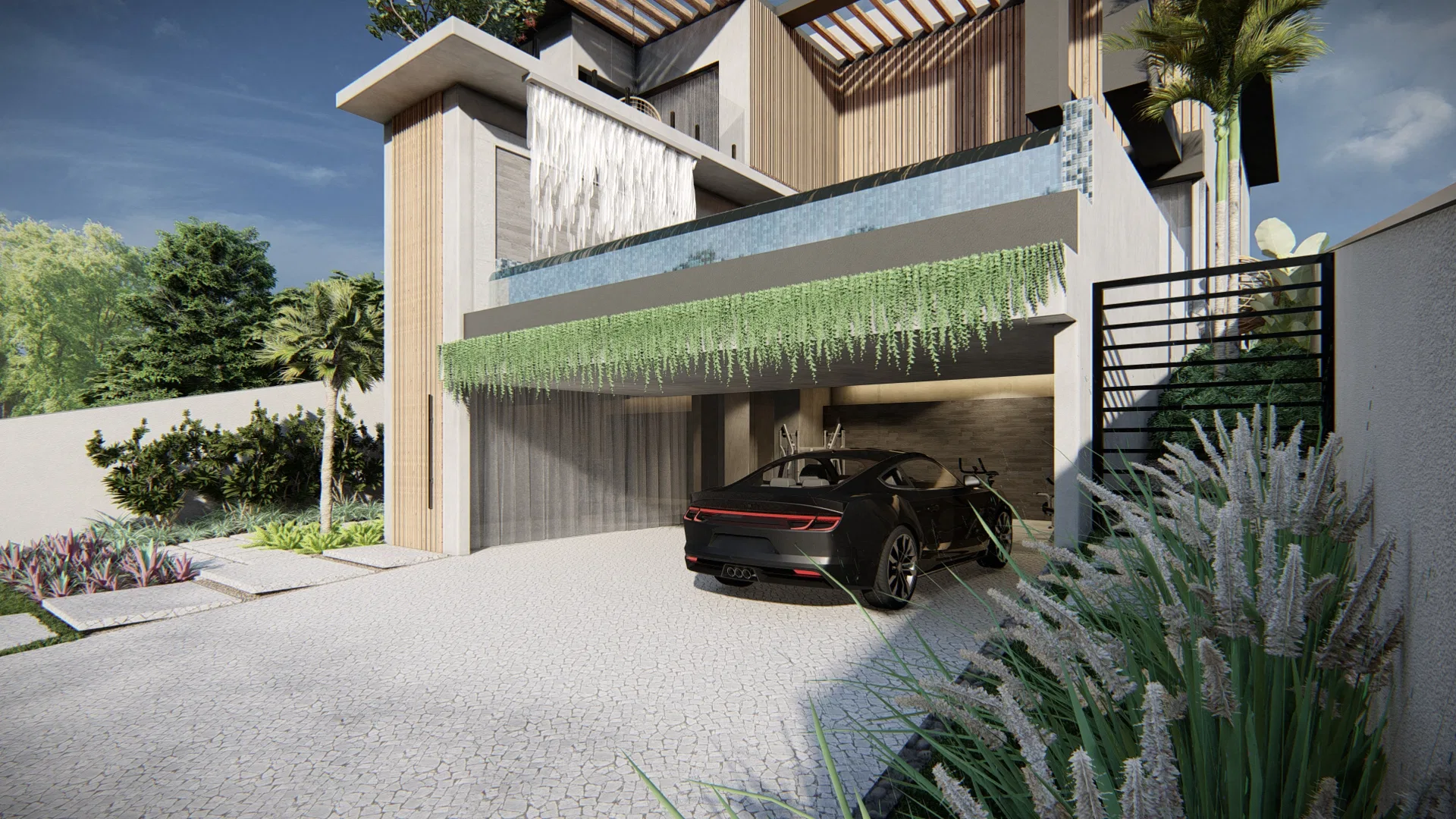Rampa de acesso à garagem coberta com carro esportivo, cortina de trepadeiras pendente sobre o vão, portão metálico e canteiro de lavandas.