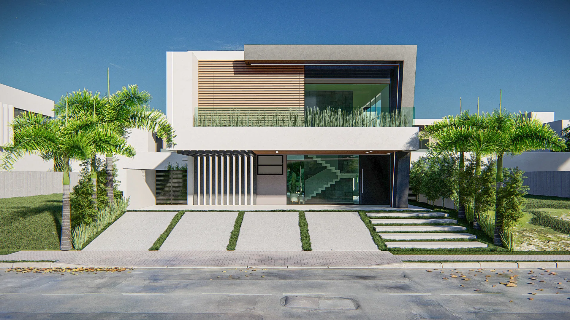 Fachada frontal de casa contemporânea de dois pavimentos, com volume em ripas de madeira, entrada envidraçada e palmeiras ladeando o acesso