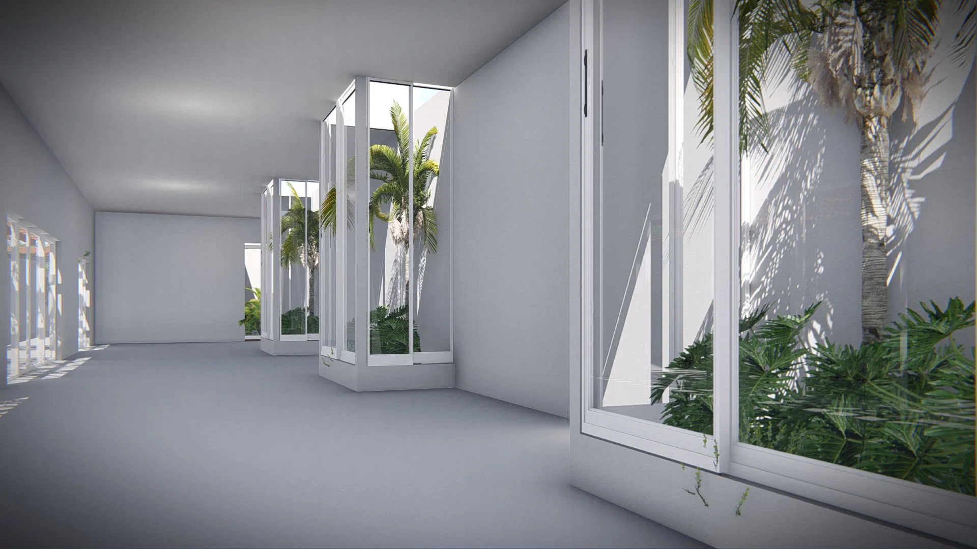 Corredor interno branco e iluminado, com jardineiras envidraçadas de palmeiras e amplas janelas que revelam a vegetação externa.