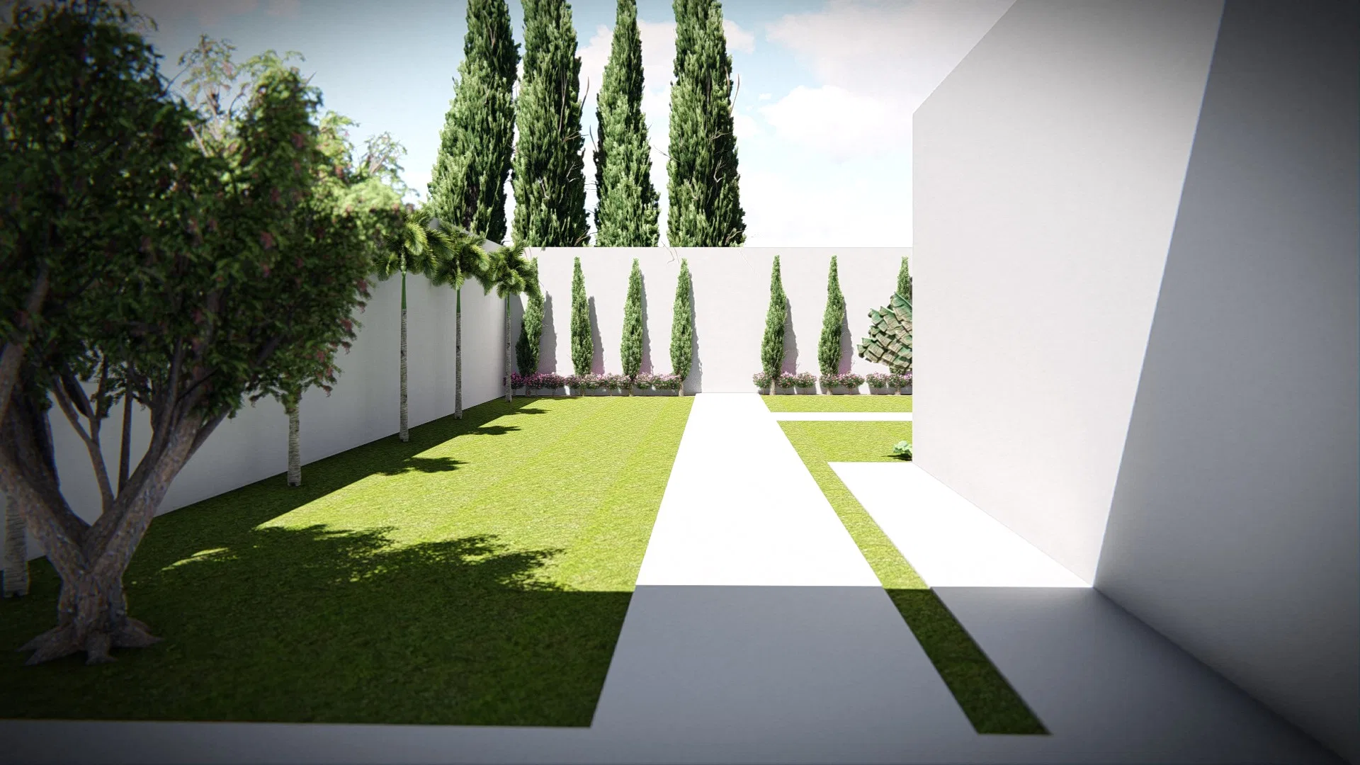Pátio interno gramado com renque de coníferas colunares junto ao muro branco, árvore frondosa à esquerda e caminho pavimentado claro.