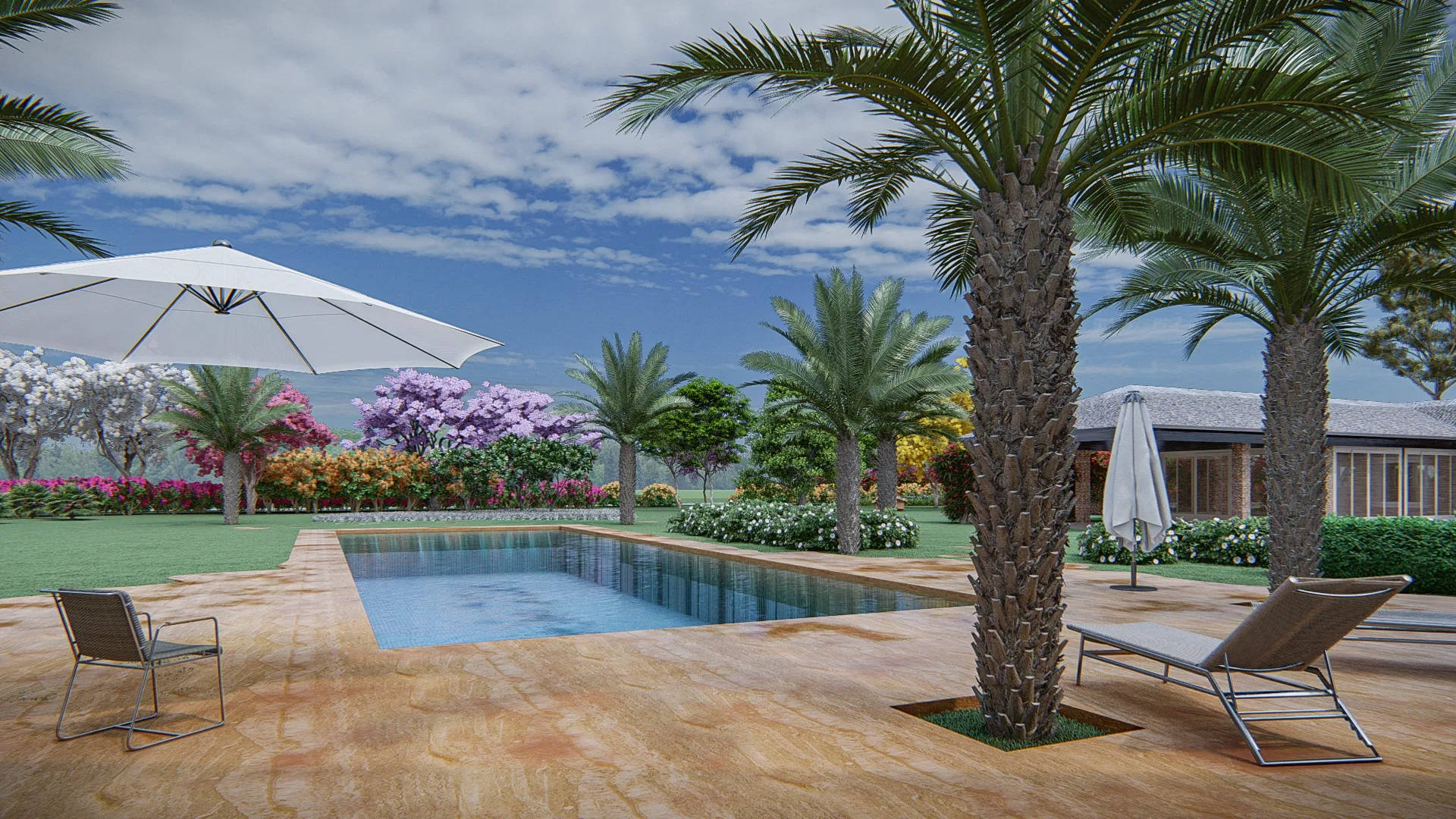 Deck de piscina retangular com guarda-sol e espreguiçadeiras, vista para jardim florido em tons rosa e amarelo e casa ao fundo