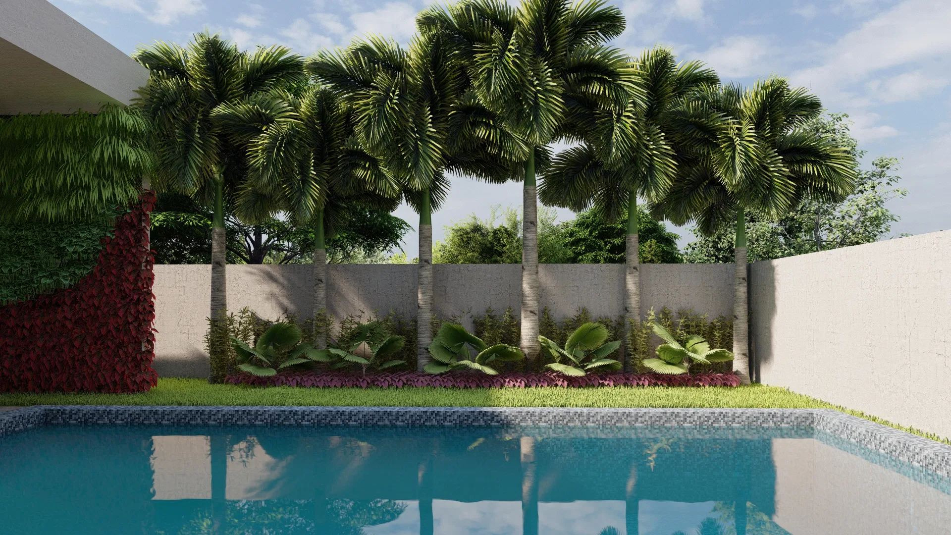Fileira de palmeiras altas junto ao muro, com forração tropical na base e borda da piscina em pastilhas