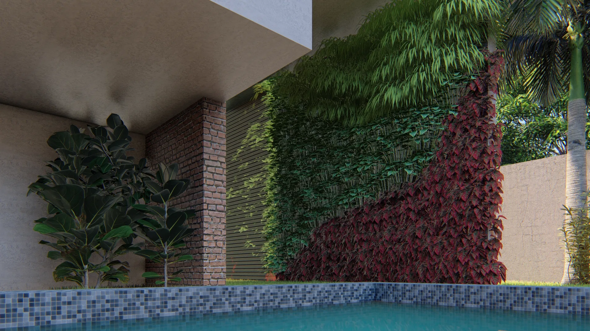 Canto coberto junto à piscina com parede verde viva, folhagem vermelha trepadeira e vasos de planta