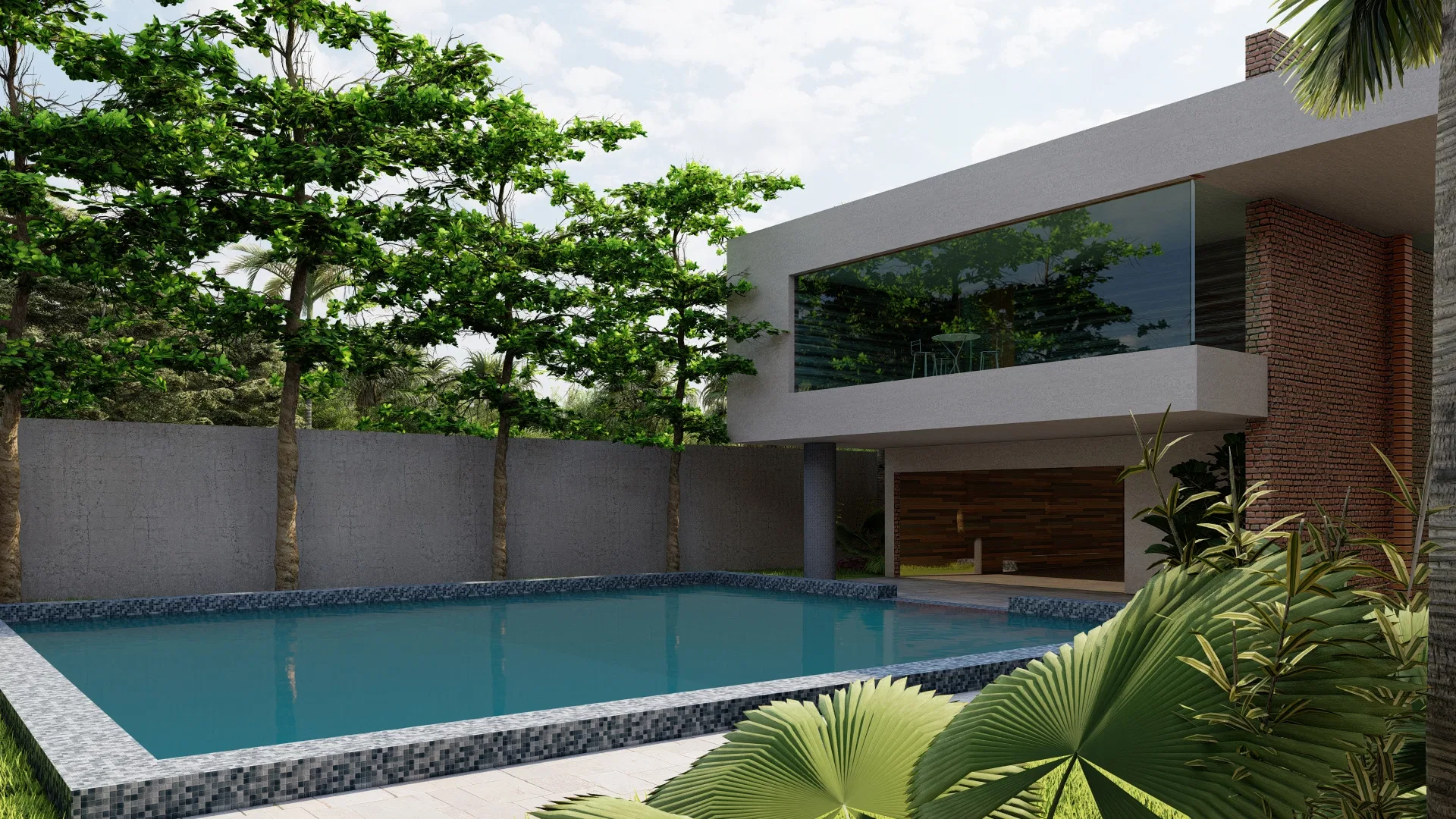 Piscina de fundo com residência de dois pavimentos ao fundo, varanda envidraçada e árvores ao redor
