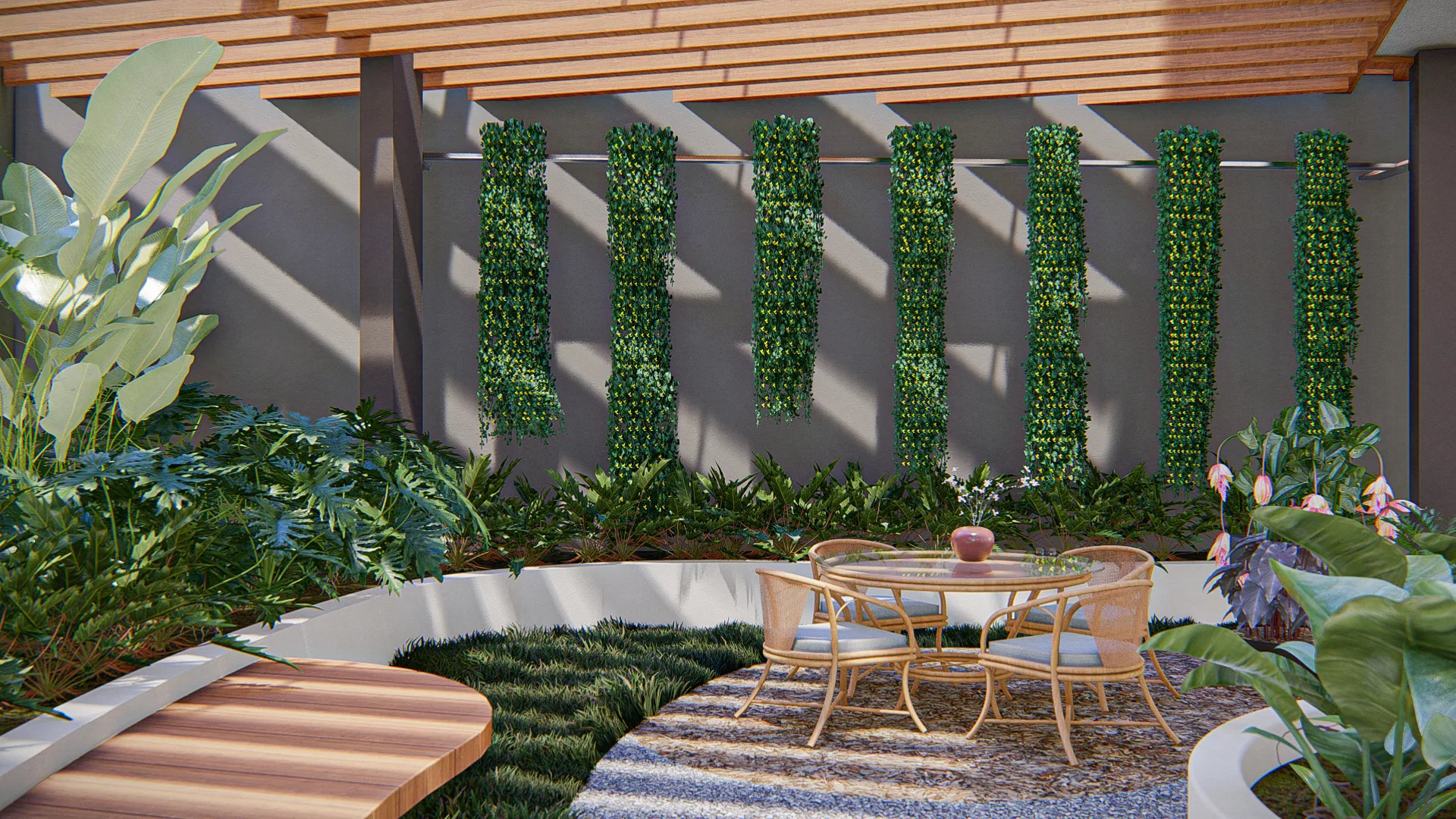 Colunas de jardim vertical suspensas com trepadeiras sobre parede cinza, mesa redonda de vime e piso em faixas de grama e cascalho