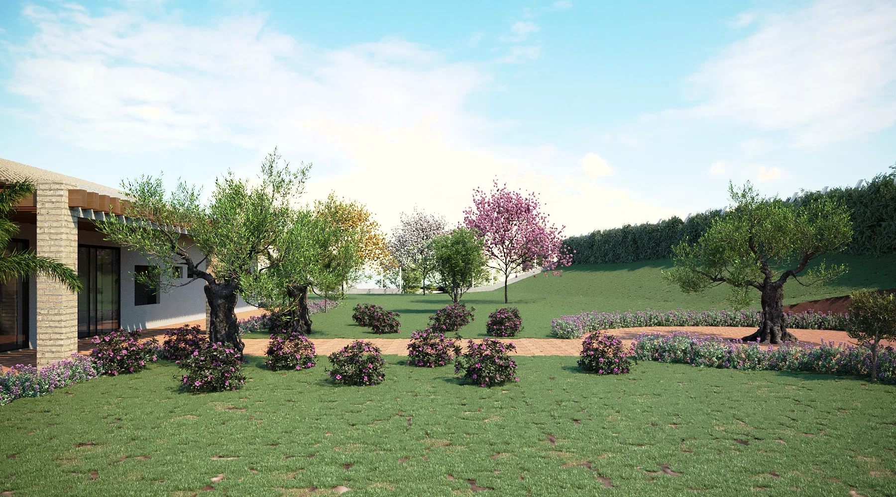 Amplo gramado com oliveiras, moitas floridas e árvores em flor rosada, tendo ao fundo a casa com pergolado e a encosta arborizada.