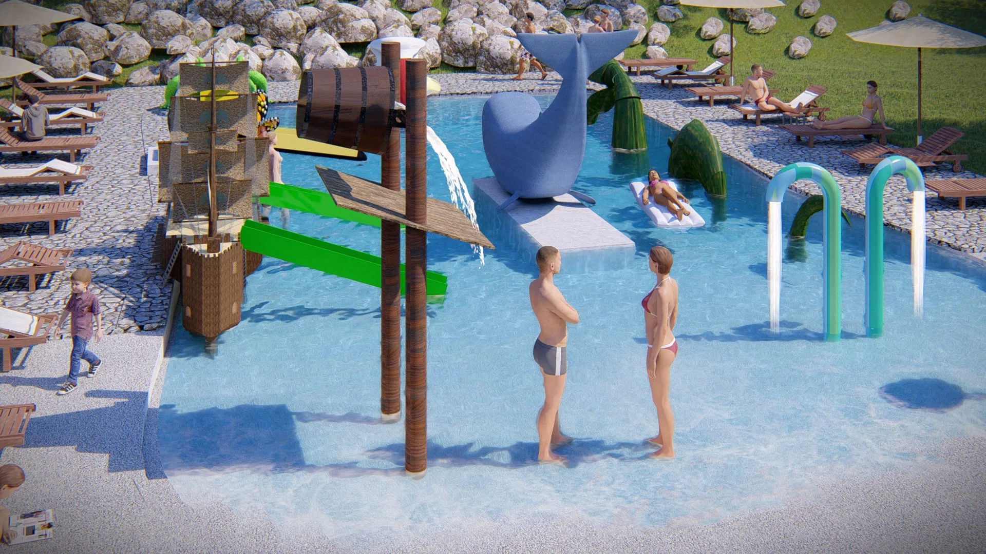 Detalhe da piscina com escultura de baleia ao centro, argolas coloridas na borda e duas pessoas conversando na água