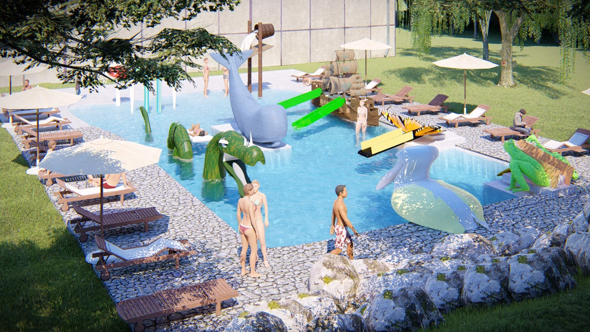Vista elevada da piscina com esculturas de baleia e cobra, toboáguas coloridos e casal em pé na água
