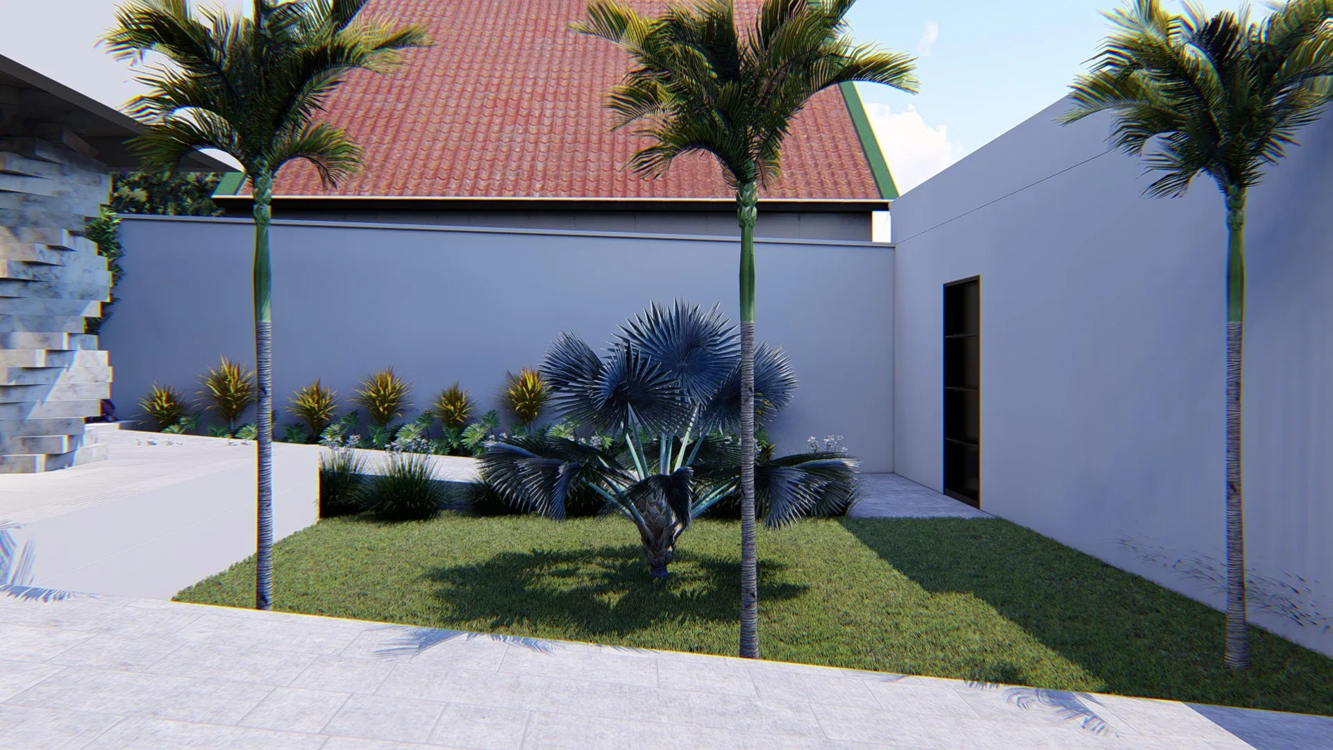Canto do jardim com três palmeiras junto ao muro lateral, telhado cerâmico da casa vizinha e faixa de plantas ornamentais sobre gramado