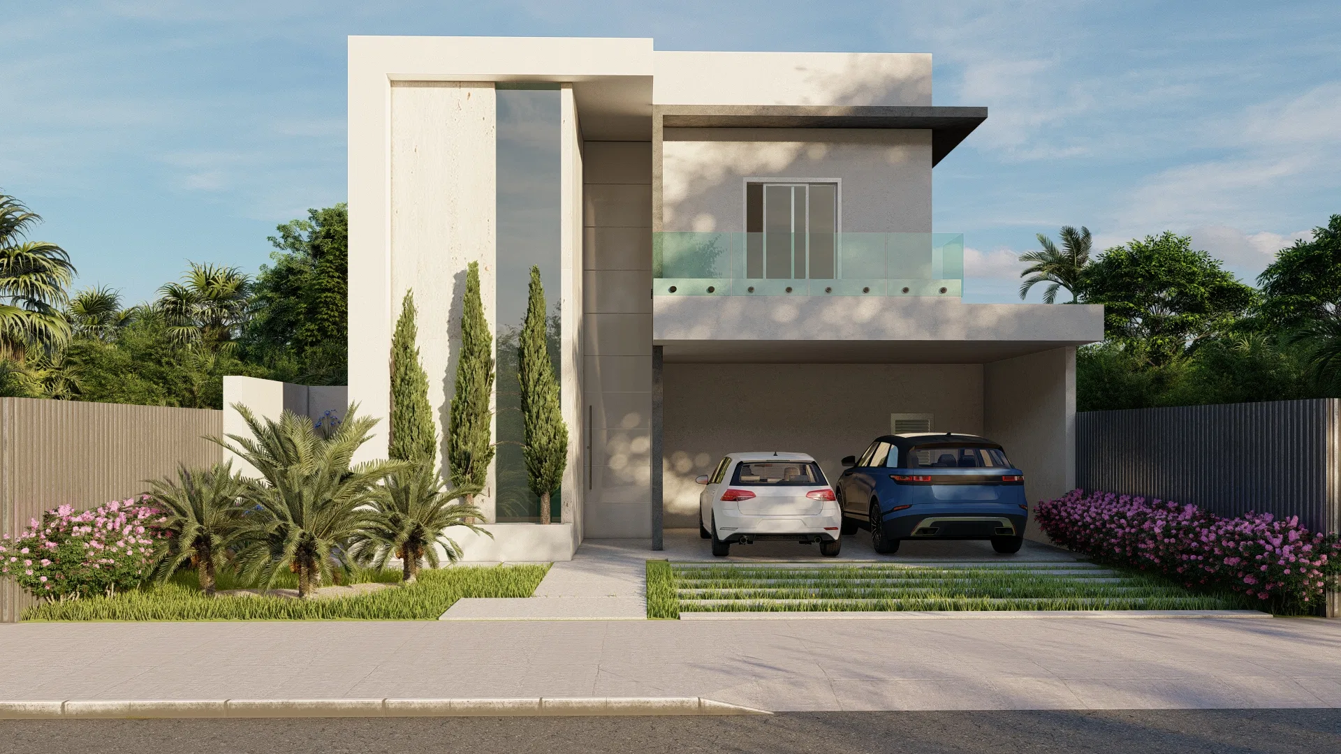 Fachada de dois pavimentos com varanda de vidro e garagem coberta abrigando dois carros, ladeada por ciprestes, palmeiras e maciços floridos