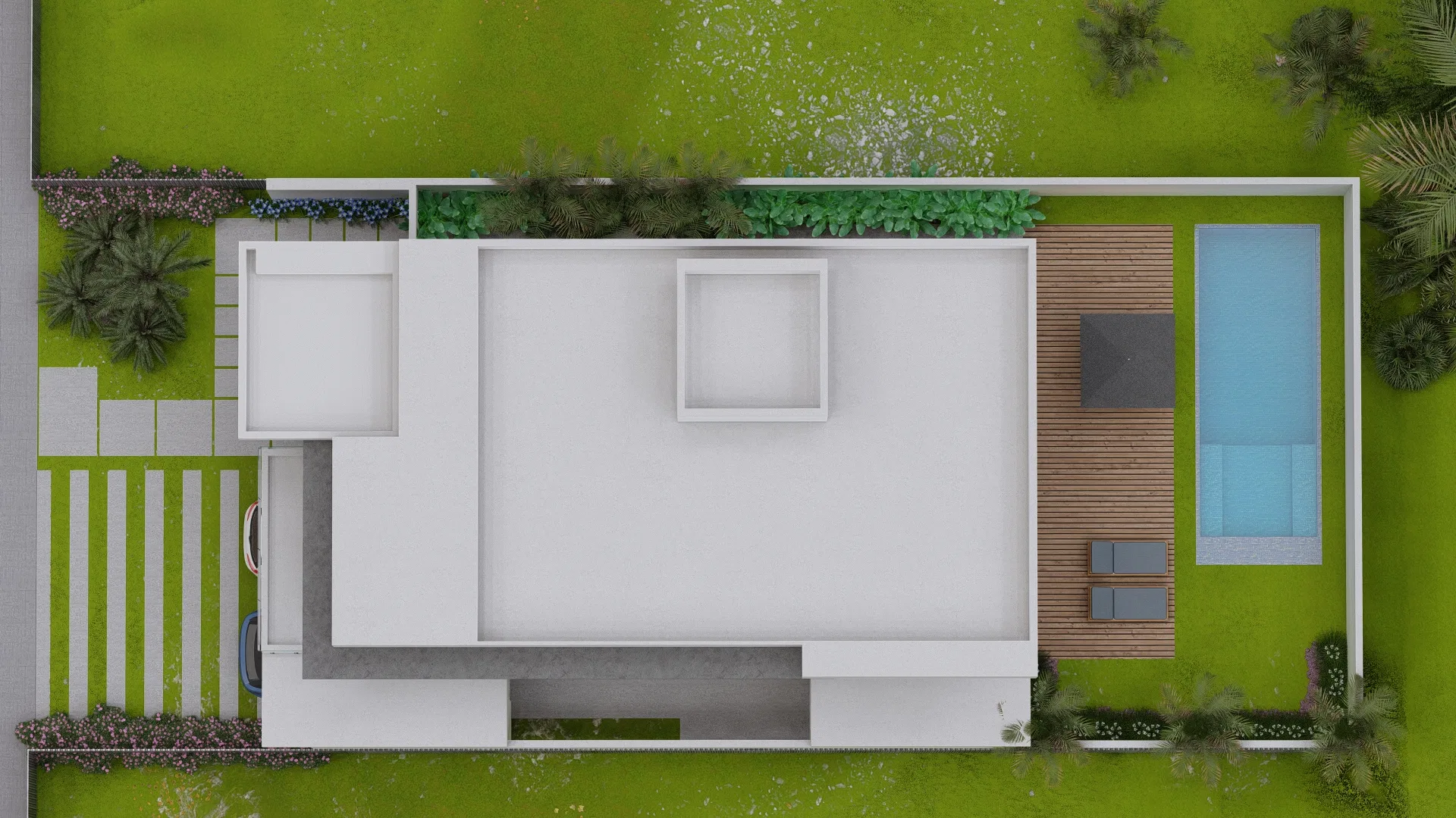Vista aérea do lote com o telhado branco da casa, deck e piscina à direita, canteiros, gramado e acesso em faixas à esquerda