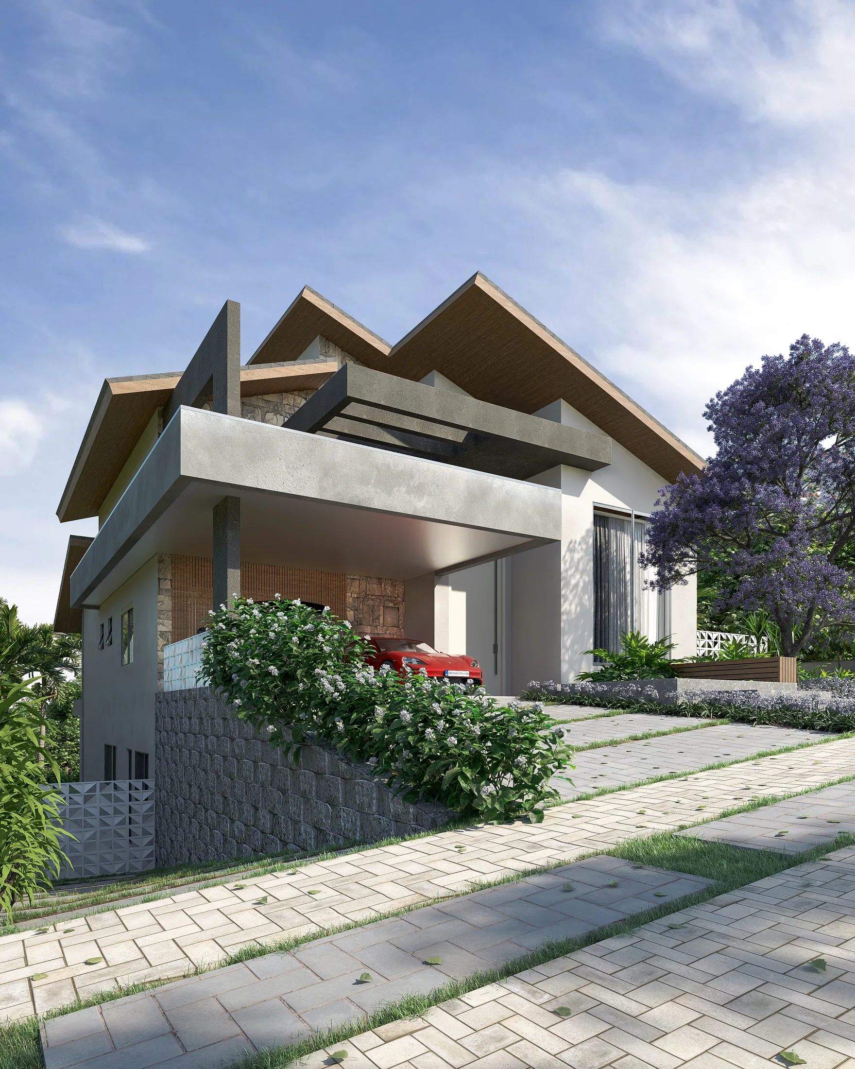 Vista angular da casa com beirais de madeira e volume em balanço, muro texturizado e maciço de arbustos floridos junto ao passeio pavimentado