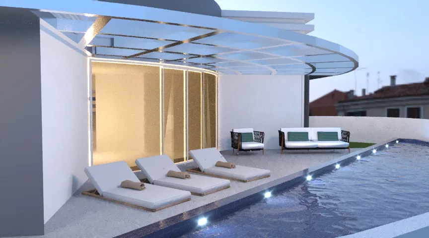 Área de piscina ao entardecer, com pergolado retrátil iluminado, espreguiçadeiras e luzes de borda na água