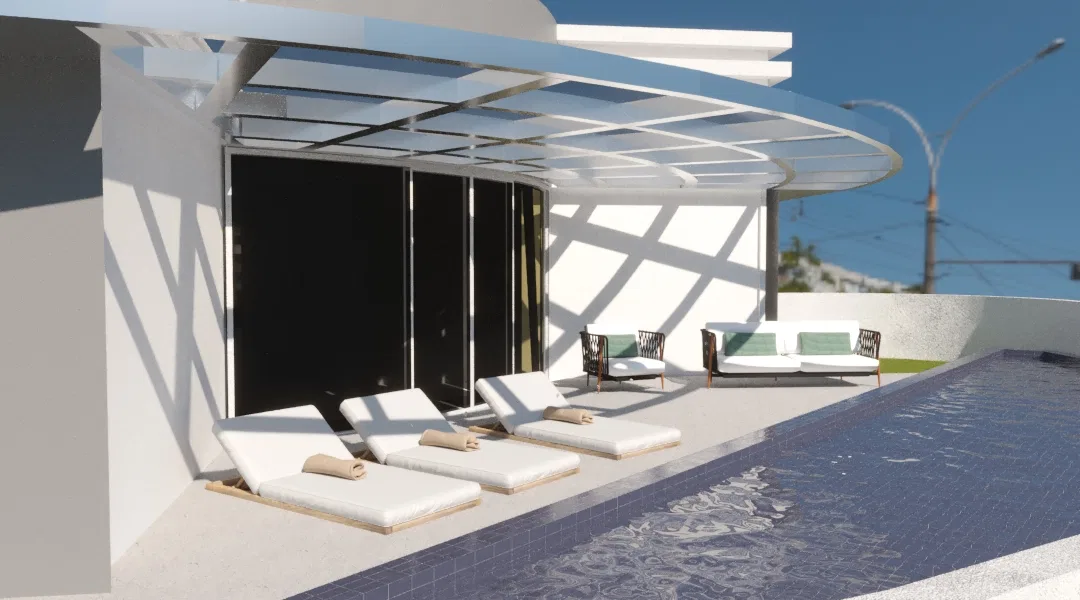 Deck de lazer sob pergolado retrátil, com espreguiçadeiras e sofás junto à borda da piscina