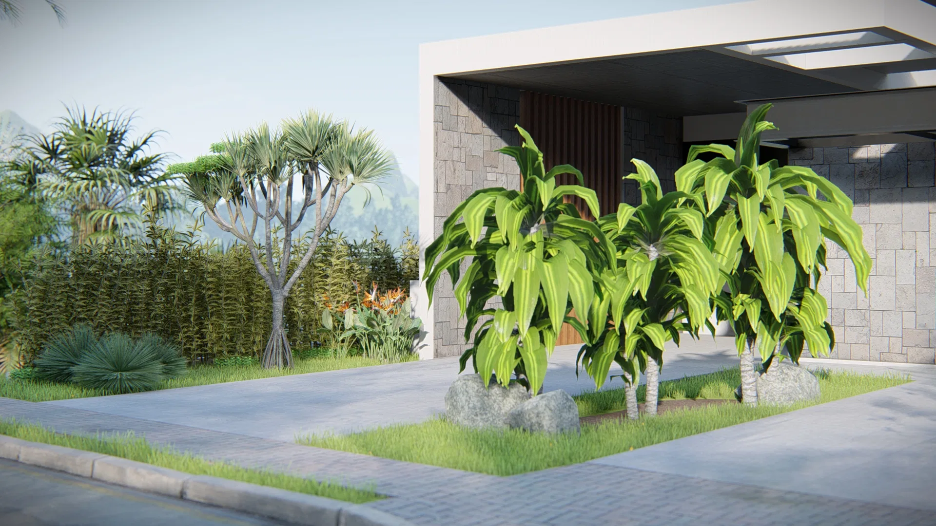 Entrada da garagem com vasos de plantas tropicais de folhas longas junto à parede de pedra e porta de madeira ripada