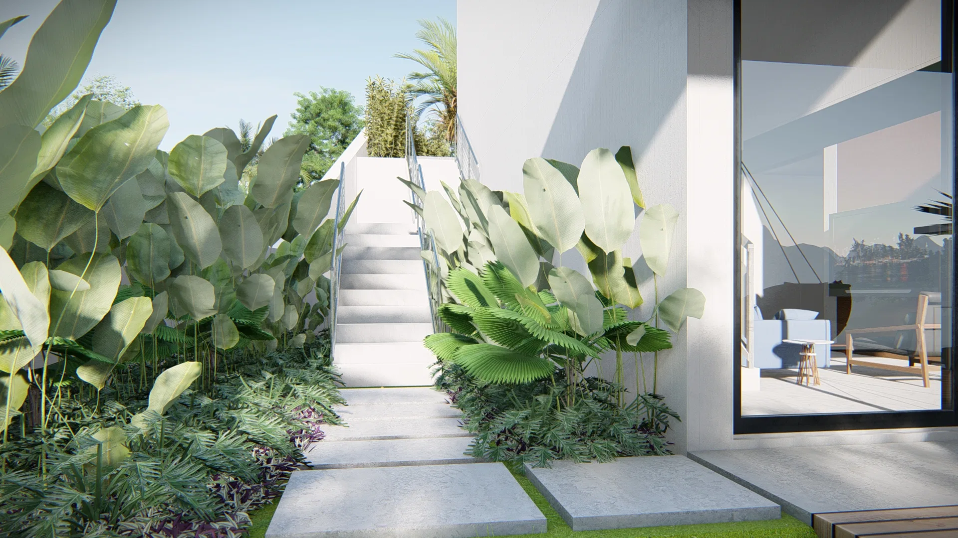 Escada externa emoldurada por folhagens tropicais de grande porte conduzindo ao terraço, com guarda-corpo de vidro