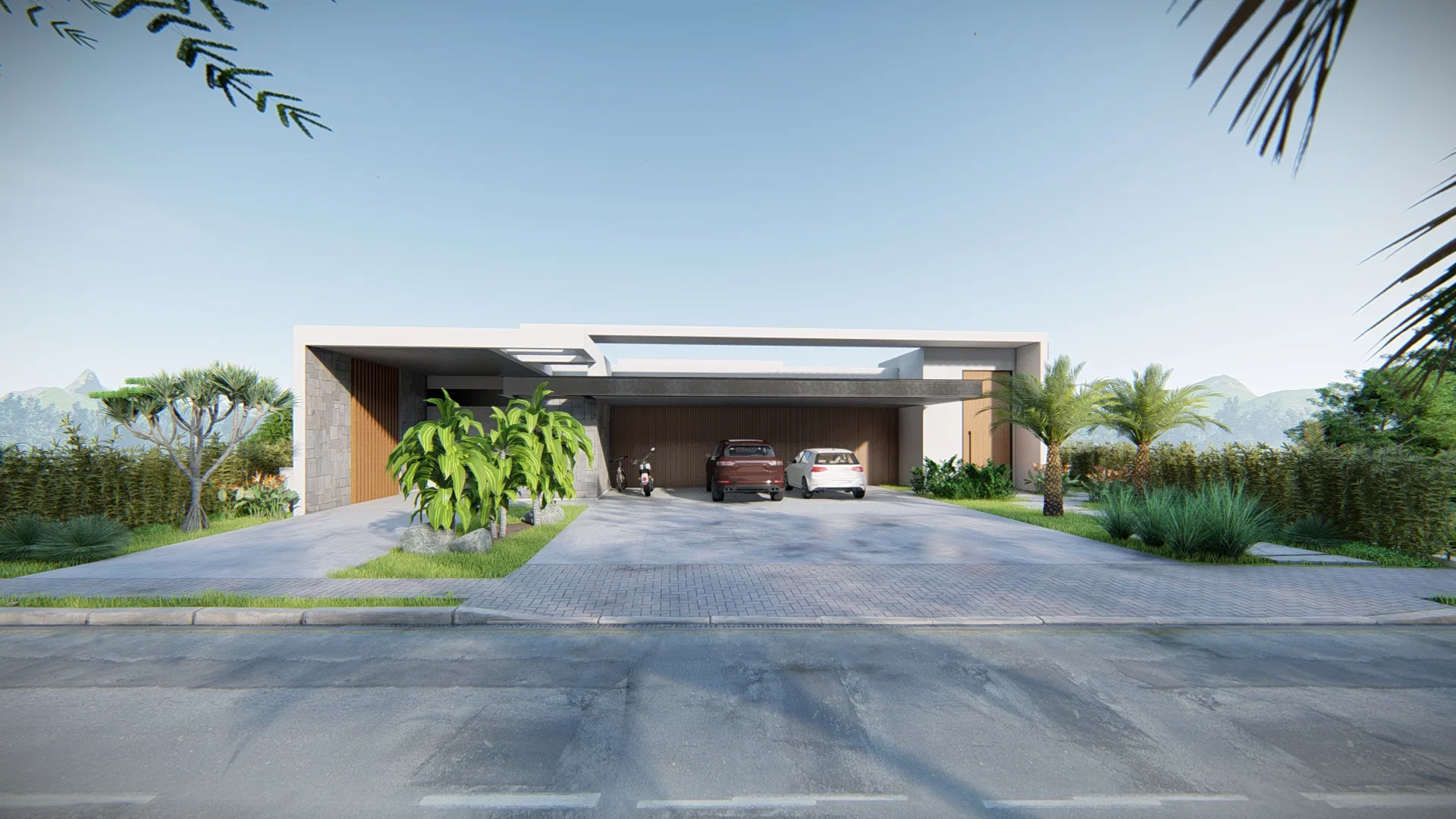 Fachada residencial com garagem coberta, dois carros estacionados e palmeiras ladeando a entrada sob céu claro