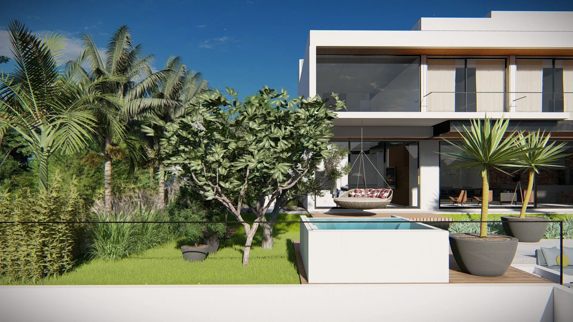 Terraço superior com piscina elevada, rede suspensa e vasos de palmeira junto à área de estar da casa