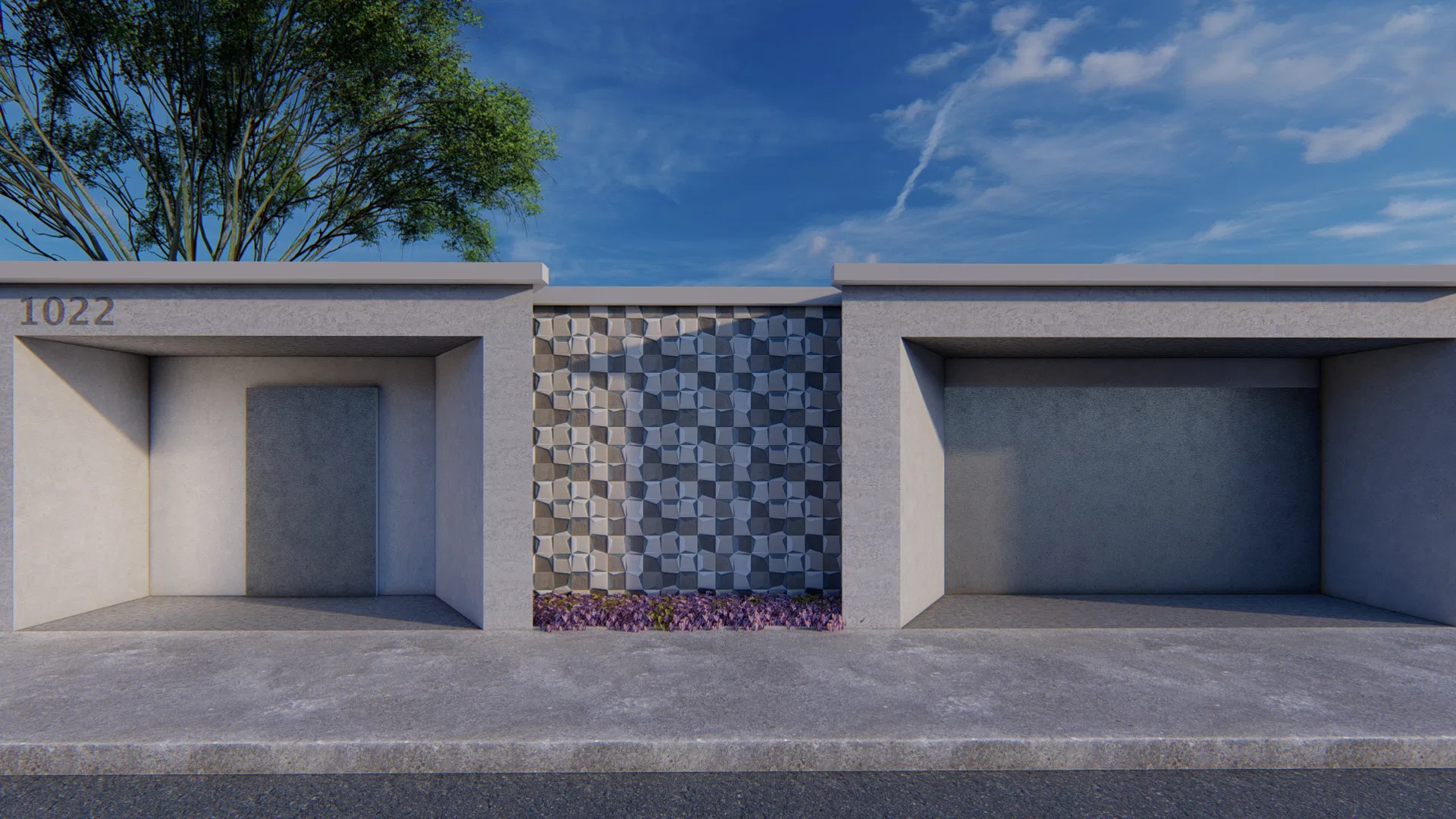 Fachada frontal com duas garagens simétricas e painel central em pastilhas geométricas cinza e branco sobre canteiro de flores roxas