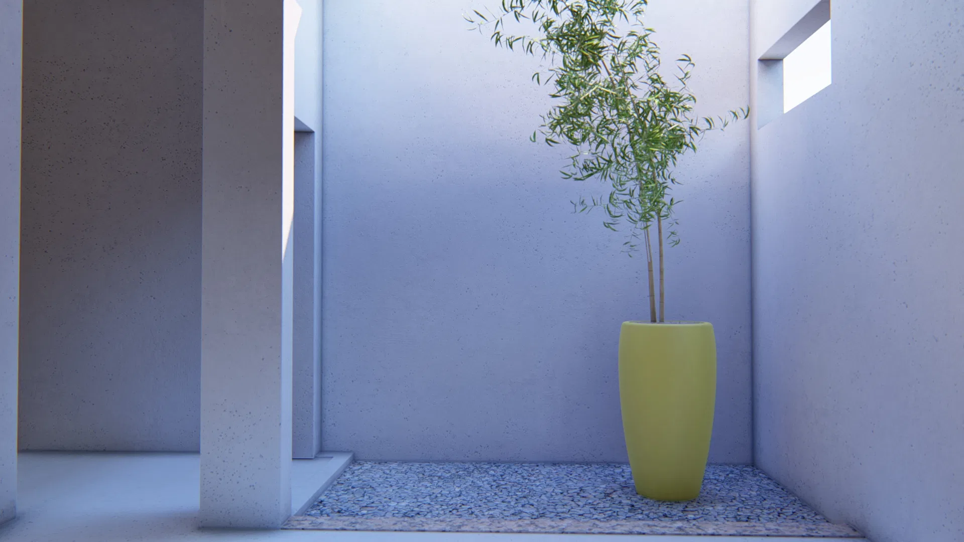 Segundo pátio interno com vaso de fibra amarelo, árvore ornamental de bambu e piso em cascalho delimitado