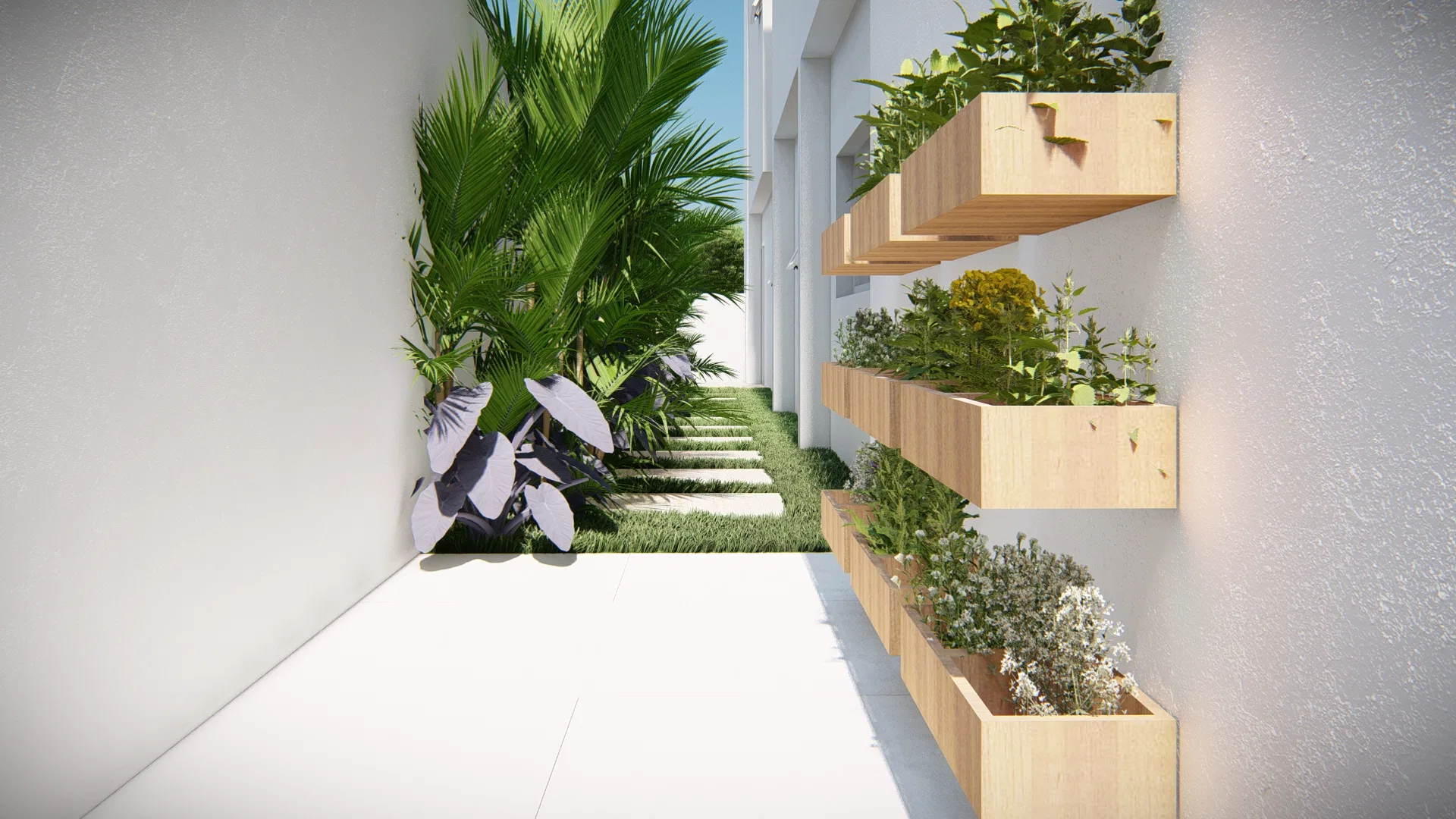 Horta vertical suspensa em nichos de madeira sobre parede branca, com temperos e flores, ao lado de passagem estreita com folhagens e caminho de pedras.