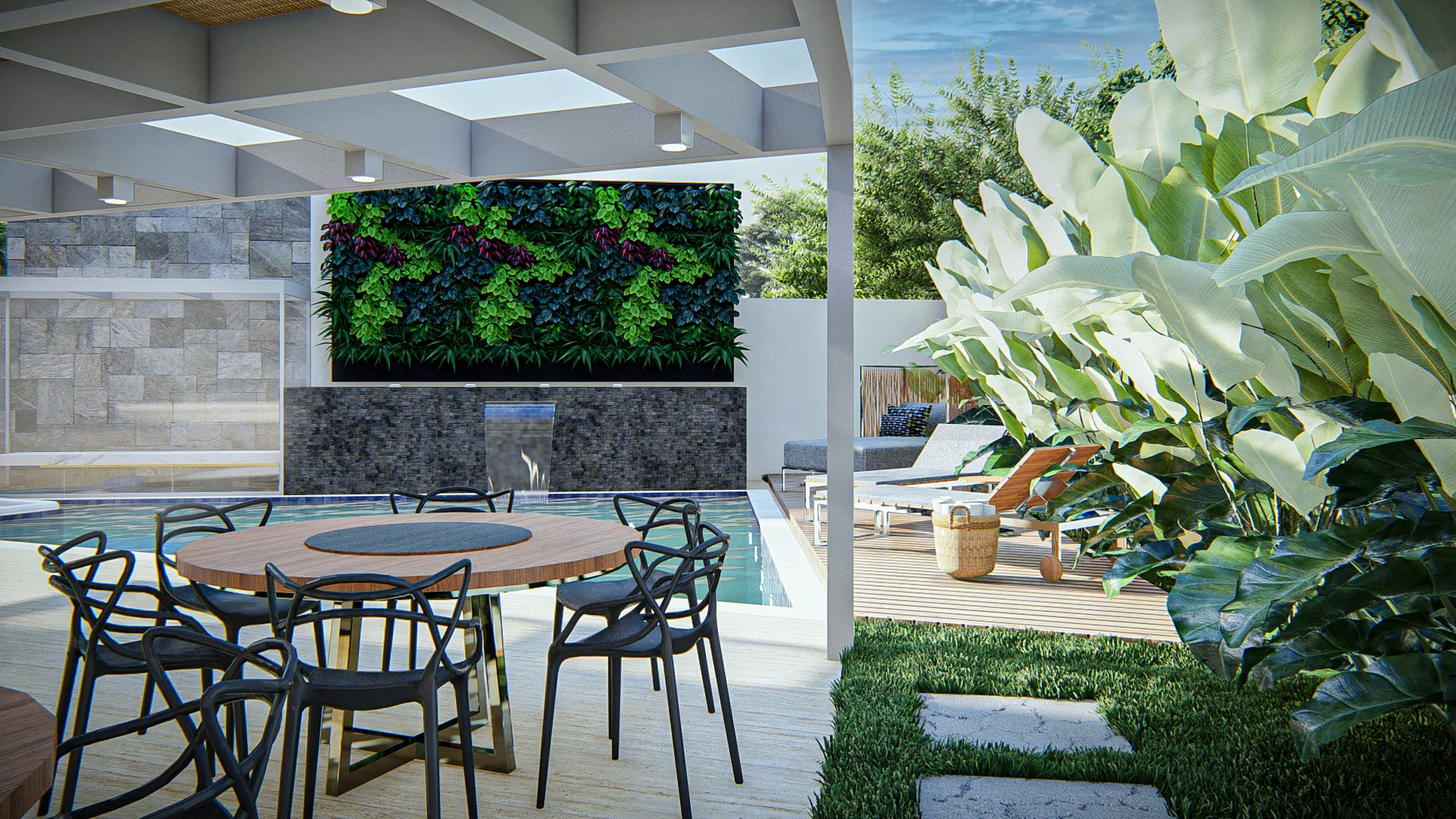 Mesa de jantar sob pergolado diante de parede viva com acentos florais em magenta, espelho de pedra, piscina e folhagens tropicais ao redor.