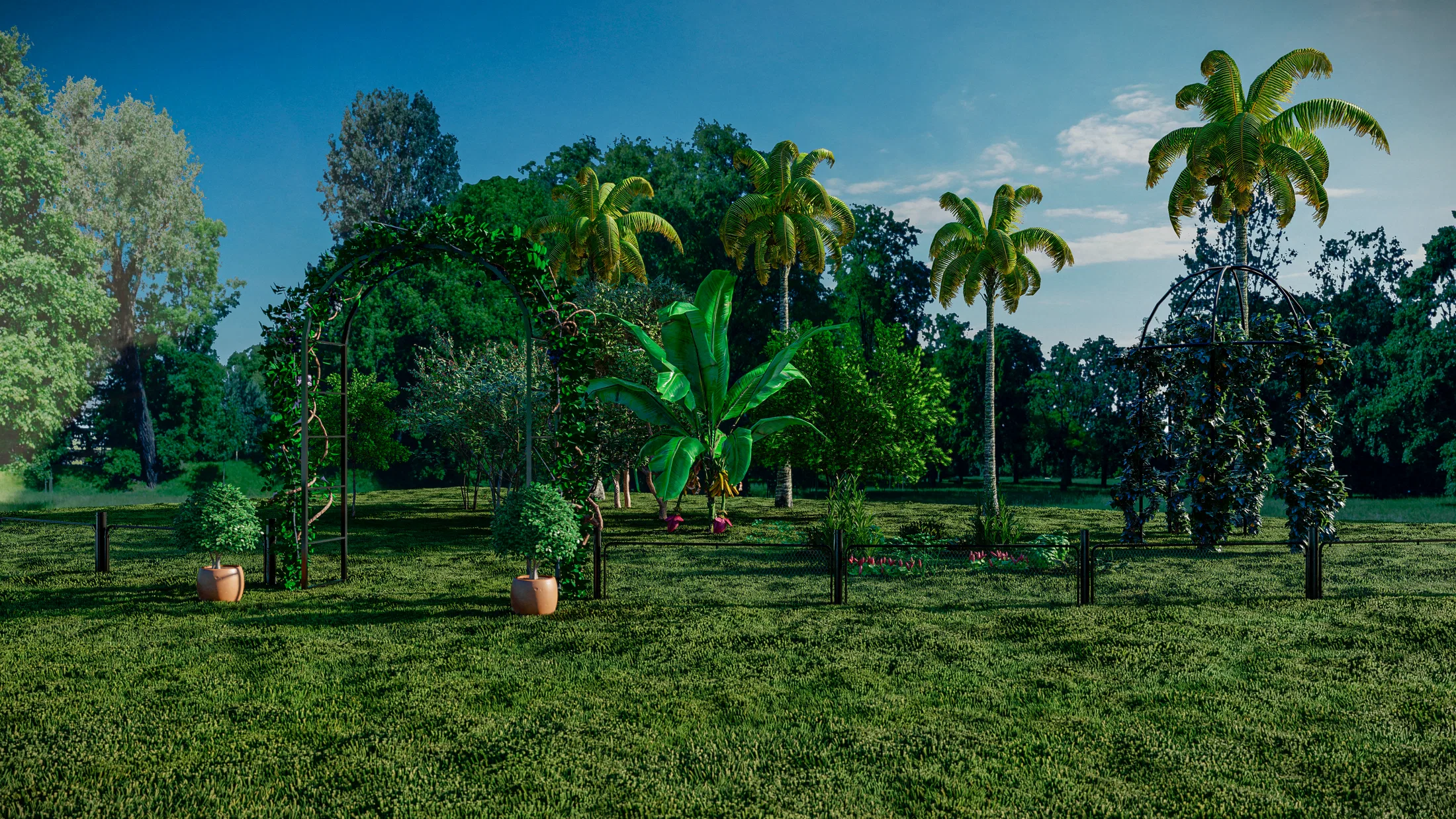 Jardim decorativo com arcos de treliça florida, bananeira e palmeiras dispostos sobre gramado aberto