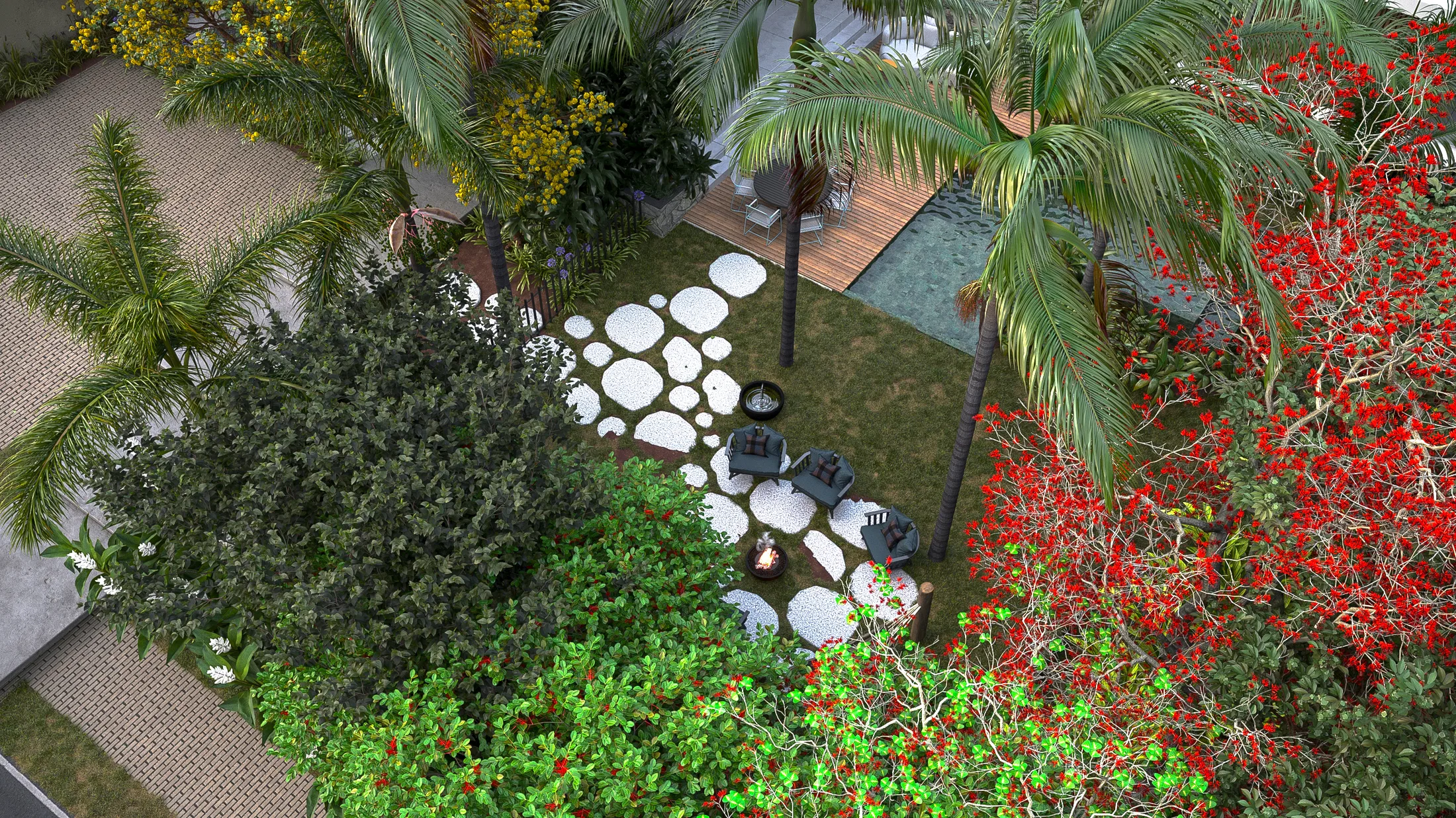 Vista aérea do jardim com passadeira de pedras redondas, estar com braseiro, deck de madeira, piscina e flamboyant vermelho