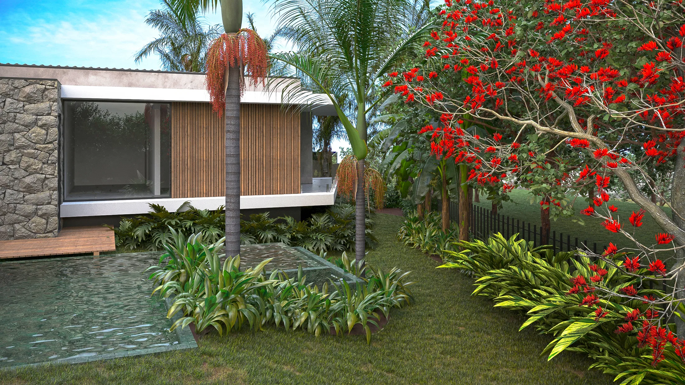 Casa de fachada em ripado de madeira e pedra, com espelho d'água na base, forrações tropicais e flamboyant vermelho ao lado