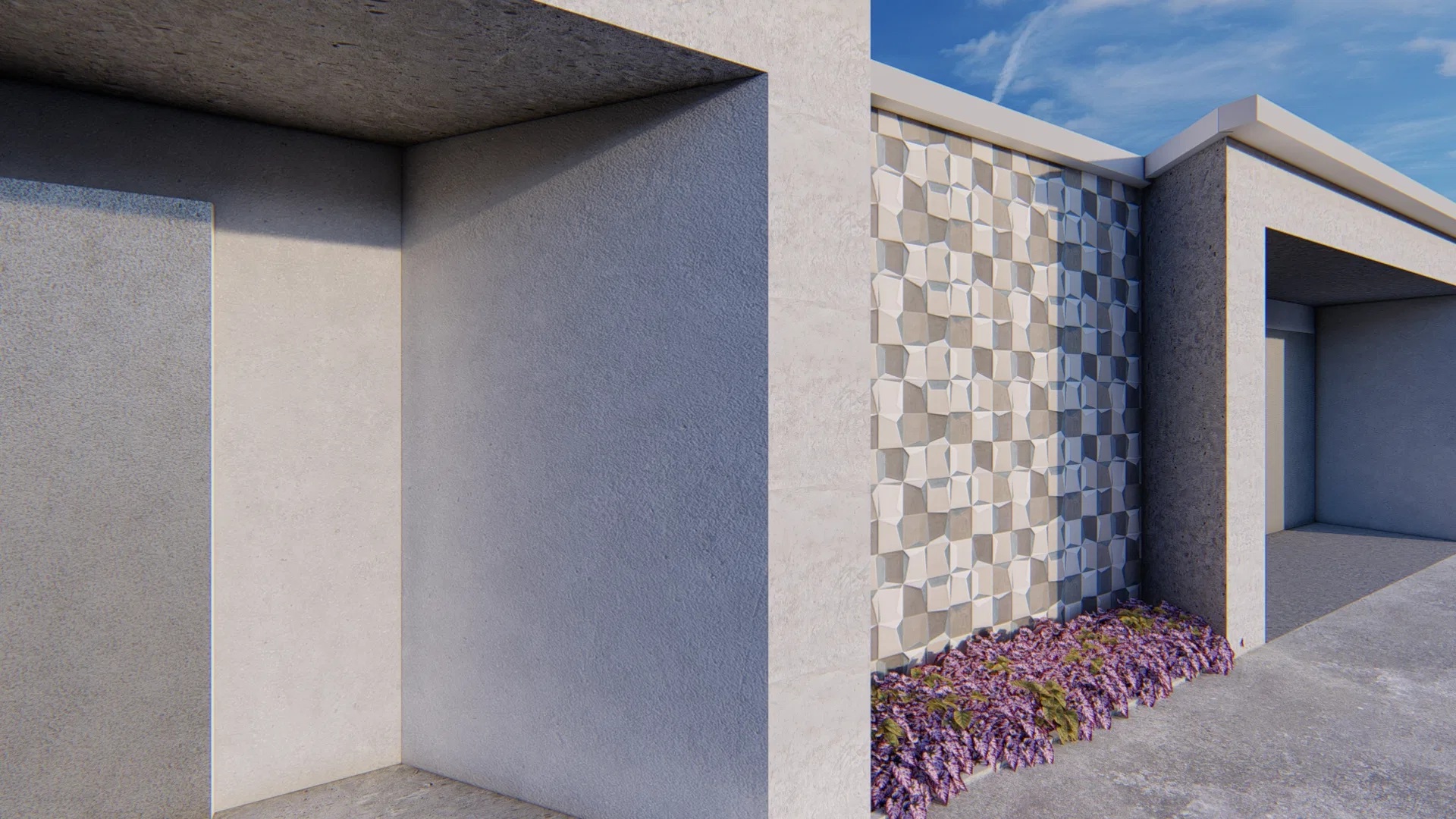 Detalhe em ângulo da fachada, com o recuo rebocado e o painel de cerâmica geométrica, tendo forração de flores lilases e musgo rente ao piso