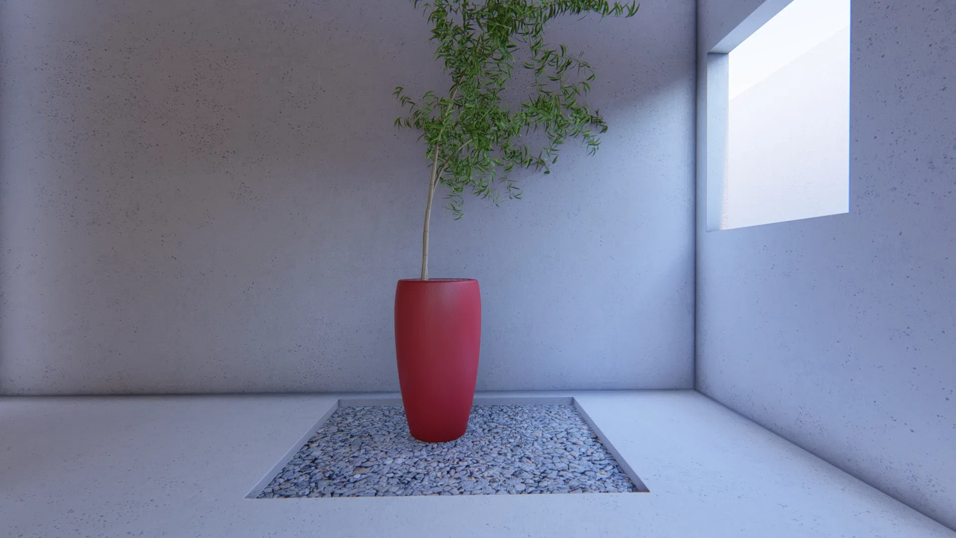 Pátio contemplativo com um vaso cerâmico vermelho e planta esguia, assentado sobre leito quadrado de pedras no piso polido, entre paredes de concreto texturizado