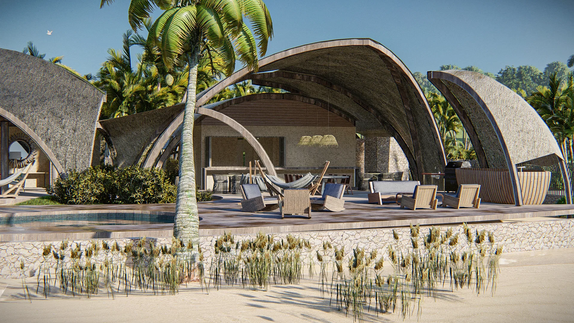 Pavilhão aberto com cascas curvas sobre deck de madeira, com espreguiçadeiras, redes e sofás junto a uma piscina e a um coqueiro central.