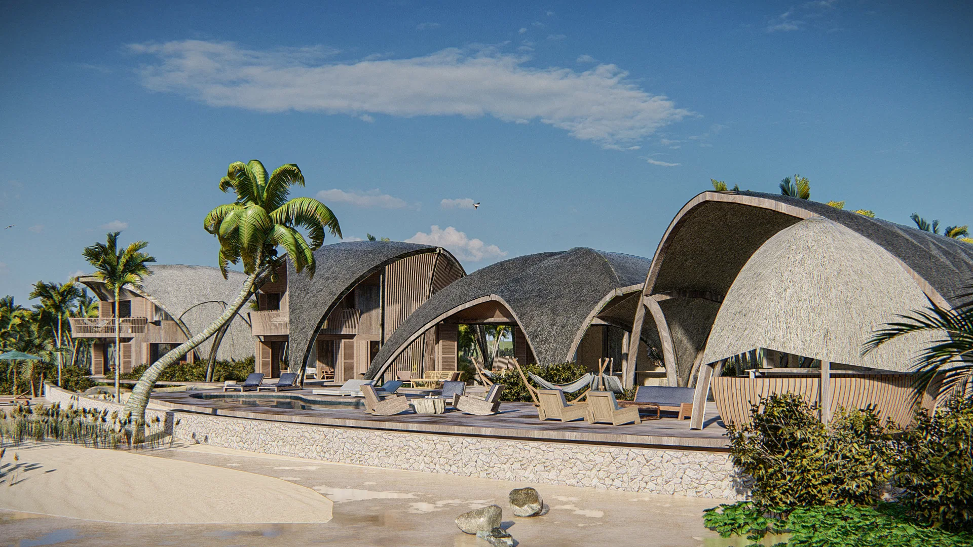 Fileira de pavilhões de casca curva com decks, espreguiçadeiras e redes, base em pedra e coqueiros, diante da praia arenosa em primeiro plano.