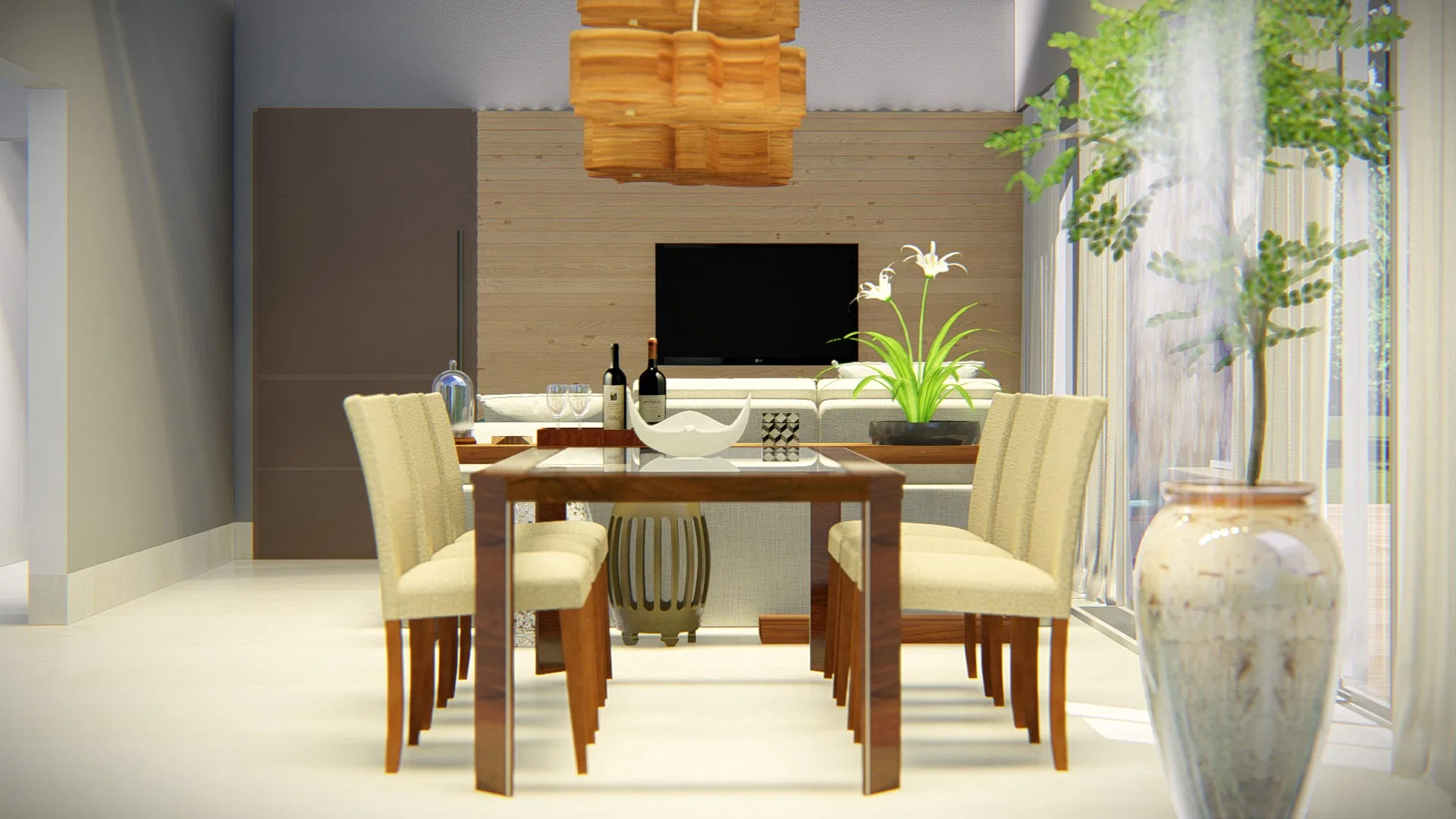 Sala de jantar com mesa de madeira e seis cadeiras claras, painel de madeira com TV e grande vaso de cerâmica com arvoreta junto à janela