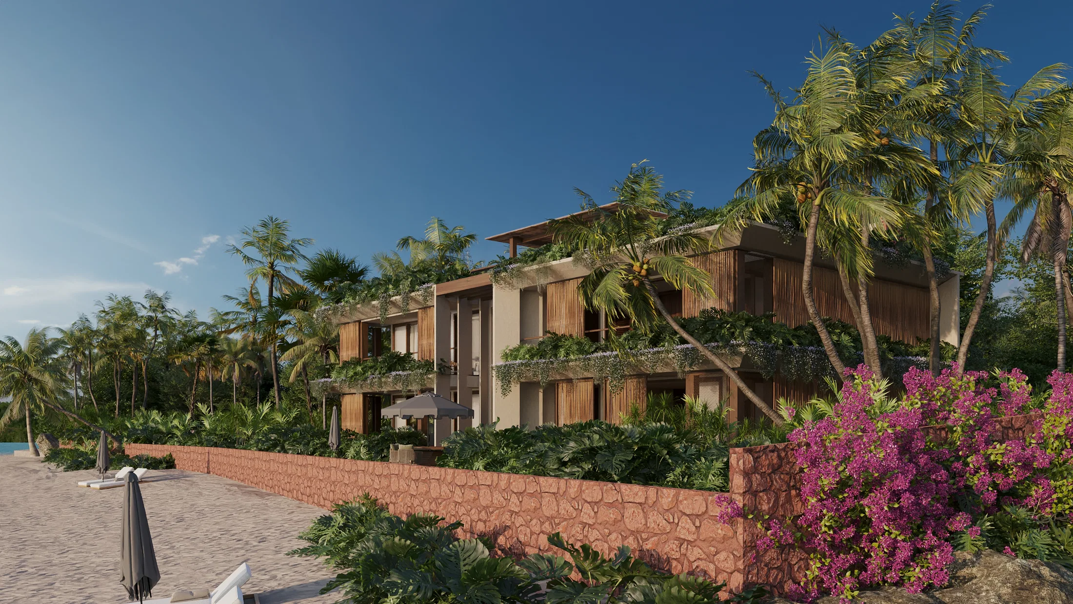 Render lateral do edifício da pousada visto da praia, com varandas ajardinadas, muro texturizado avermelhado, espreguiçadeiras e buganvílias floridas.