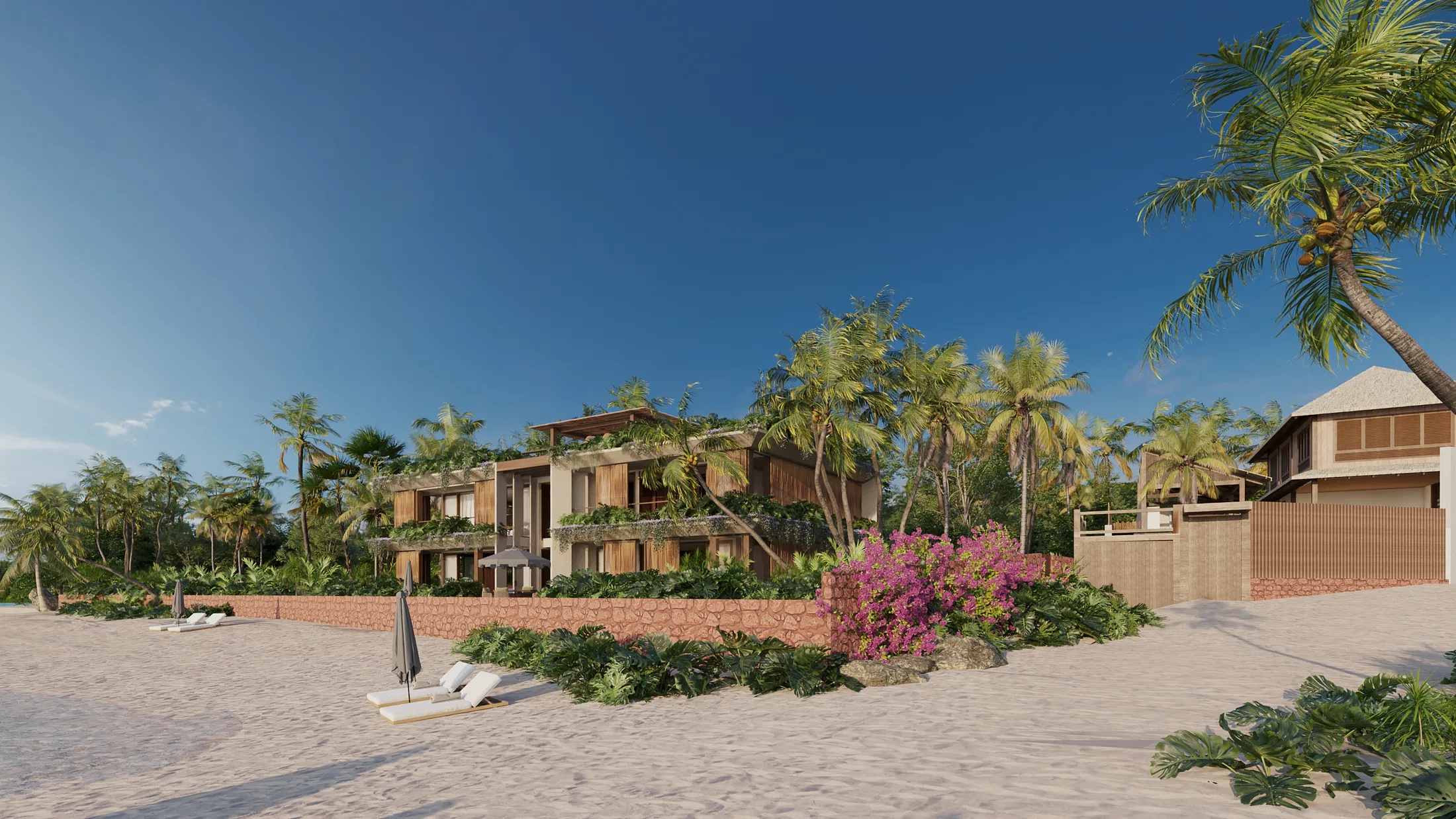 Render da fachada principal da pousada à beira-mar, com dois pavimentos, brises de madeira, varandas com vegetação exuberante e palmeiras sob céu azul.