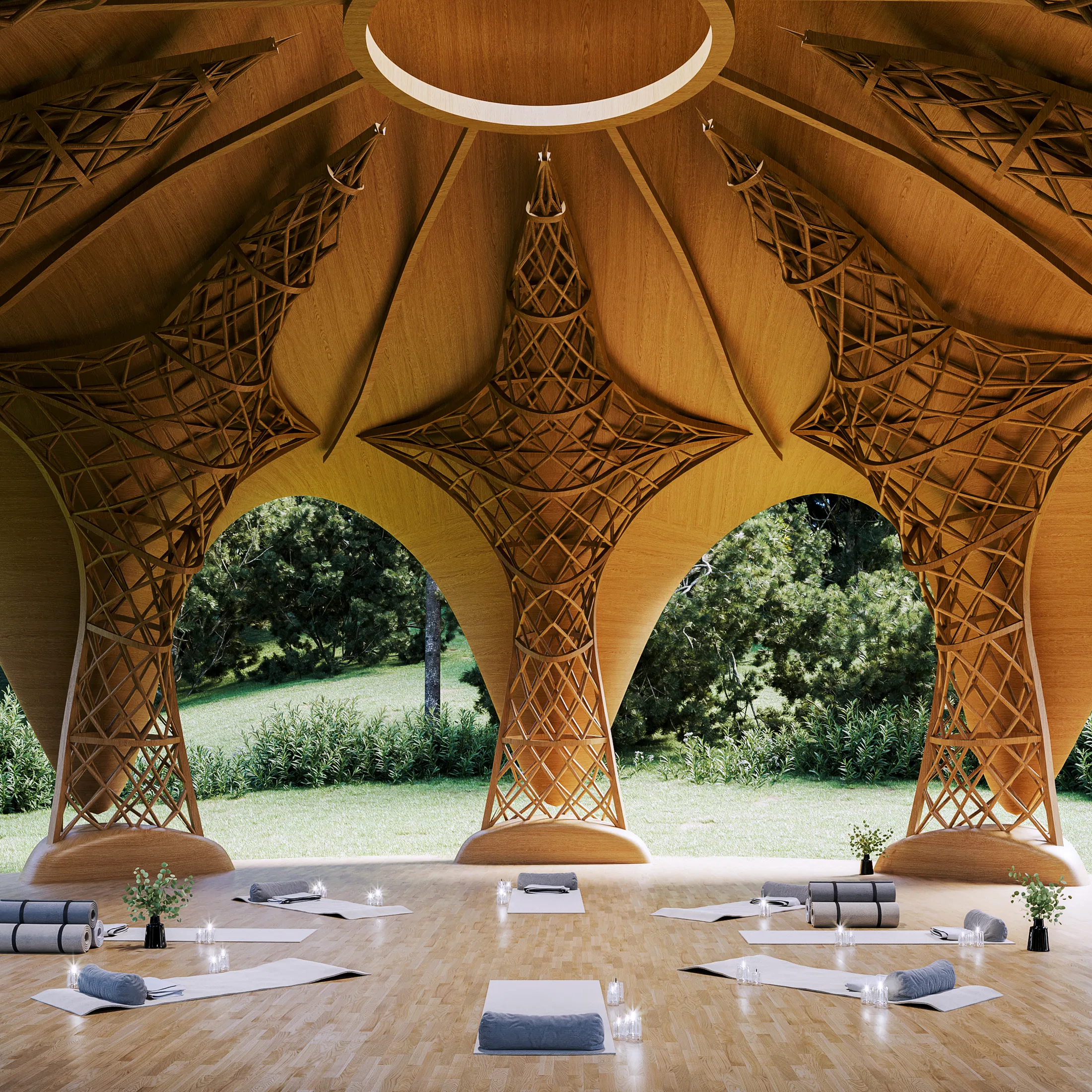 Interior sob a cúpula de madeira com óculo zenital iluminado, colunas em treliça vazada e tapetes de yoga alinhados sobre o piso de madeira.