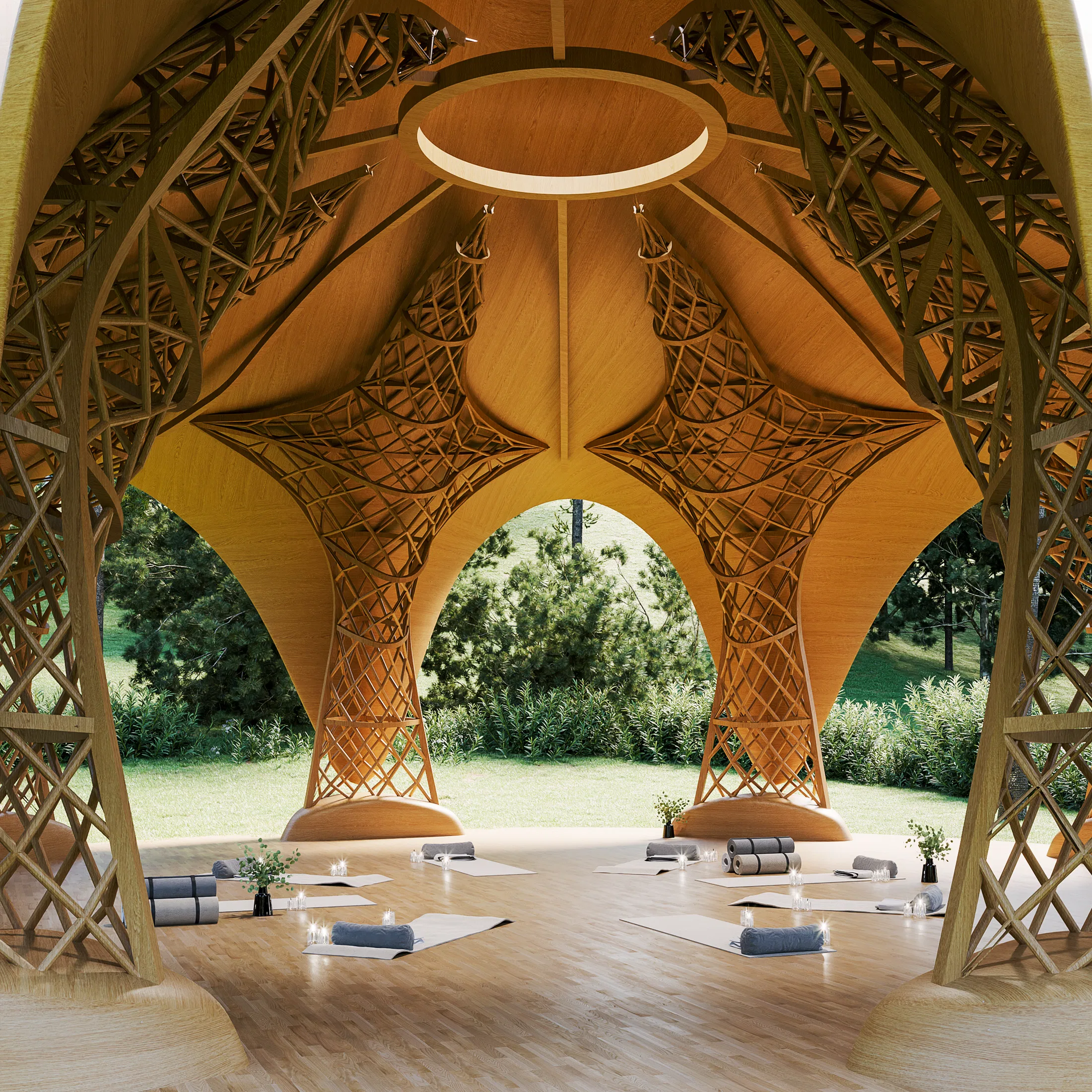 Ambiente interno com arcos amplos abertos para o jardim, colunas de bambu entrelaçado e círculo de tapetes e almofadas para meditação.