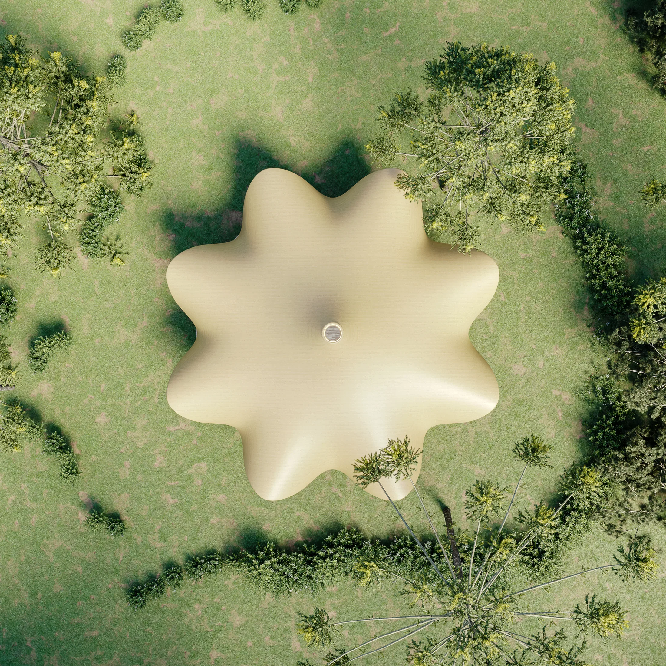 Vista aérea da cobertura em forma de flor de oito pétalas, com óculo central, pousada sobre gramado cercado por copas de árvores.