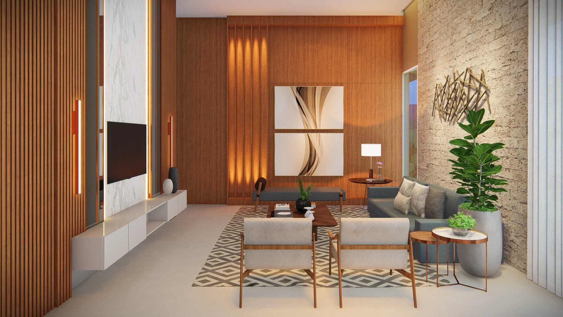 Sala de estar com painel de madeira ripada, quadro em moldura dupla e parede de pedra com escultura decorativa
