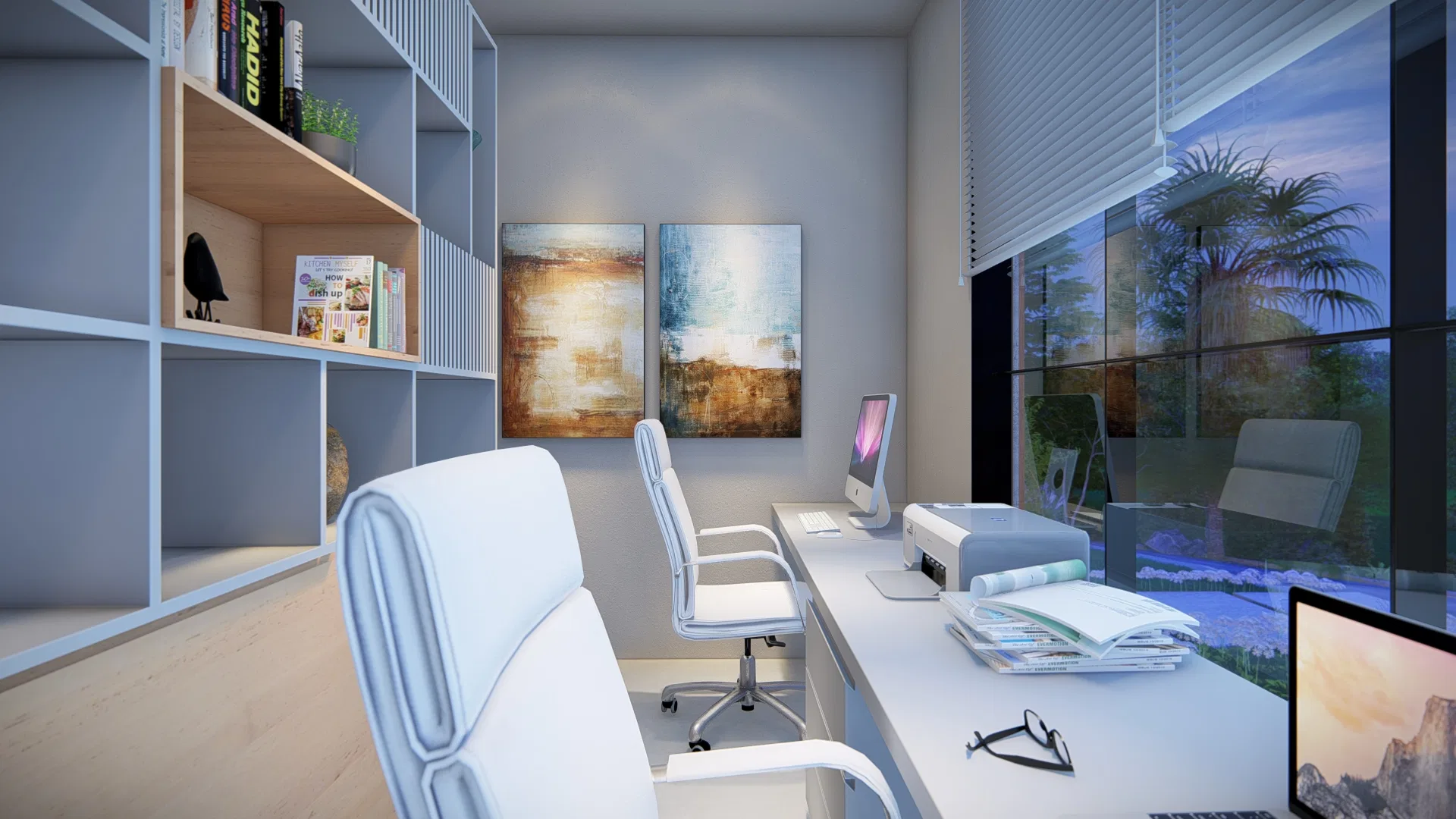 Home office com estante de marcenaria clara, quadros abstratos e mesa voltada para janela com vista de jardim