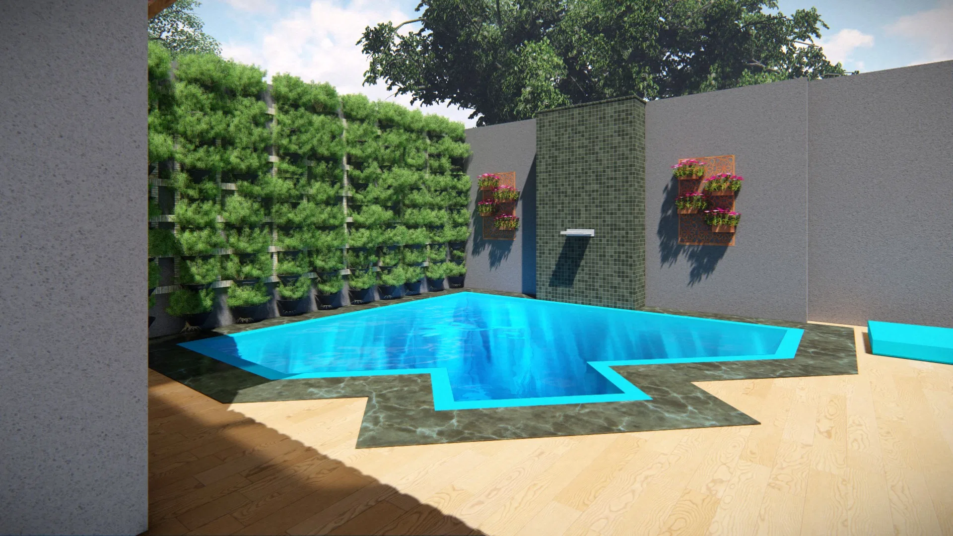 Outro ângulo da piscina angular, com o jardim vertical à esquerda, a lâmina d'água na parede de mosaico e o deck de madeira em primeiro plano